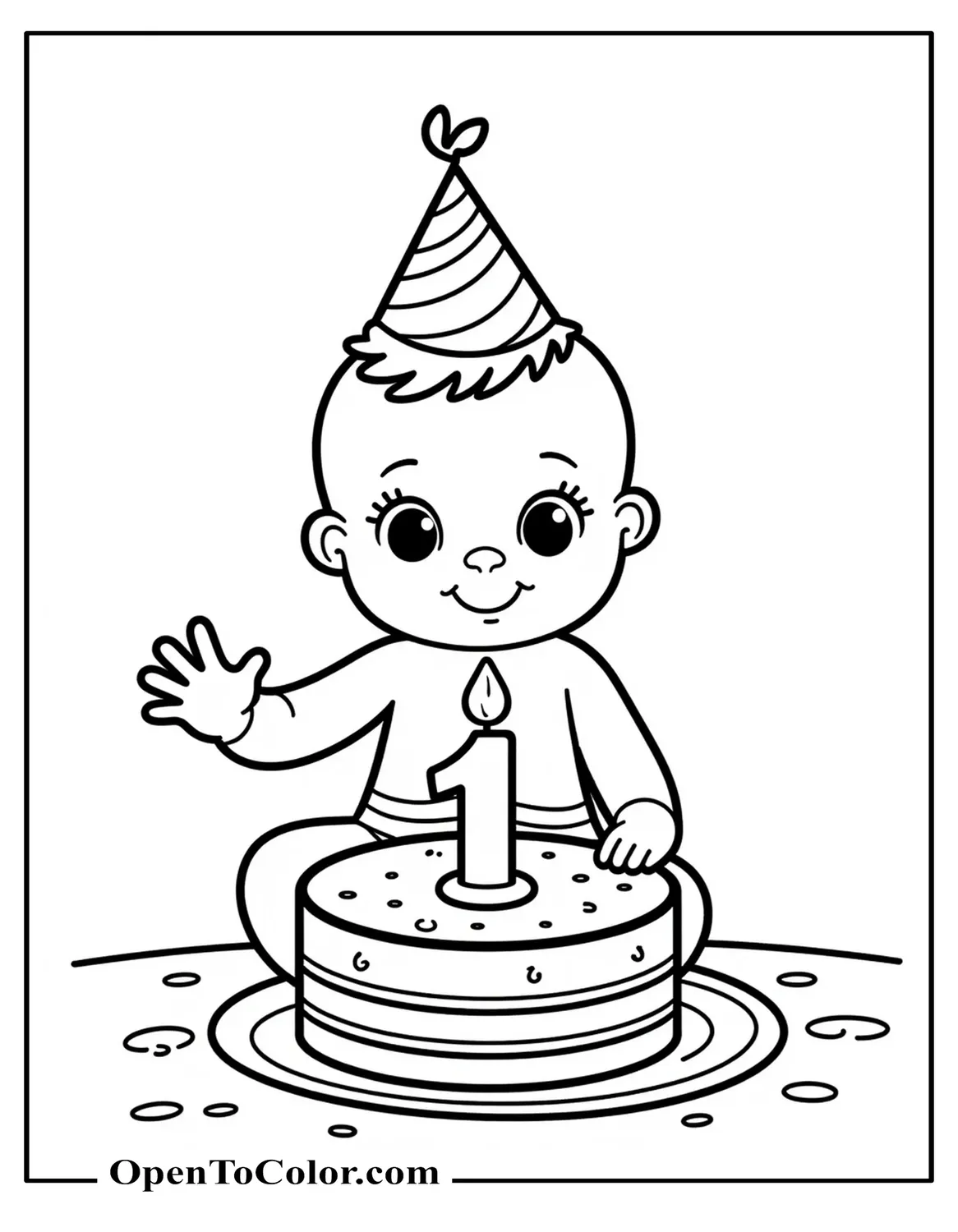Free Coloring Page of Baby Wearing Party Hat Smashing Smash Cake, Number 1 Candle