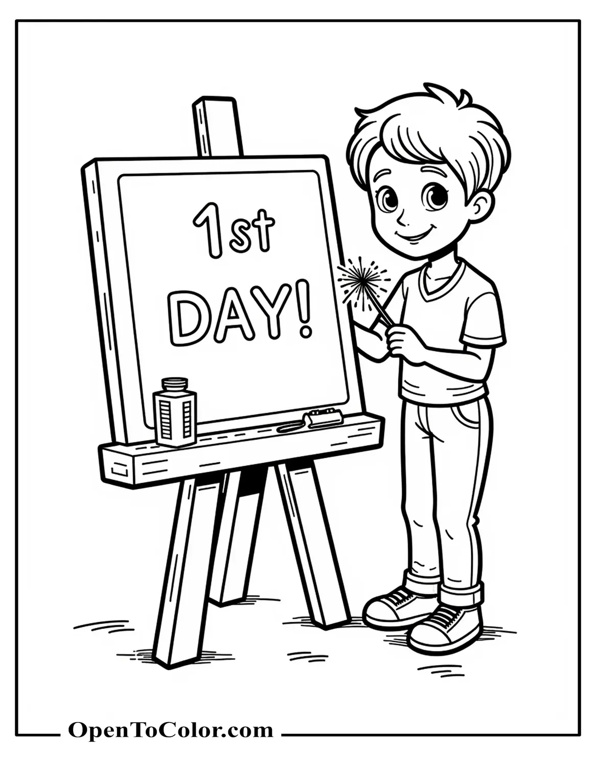 Big Chalkboard On Easel Showing “1St Day!” Text With Schoolboy Holding Sparkler Wand Beside, Tidy Uncluttered Outlines, Coloring Page PDF