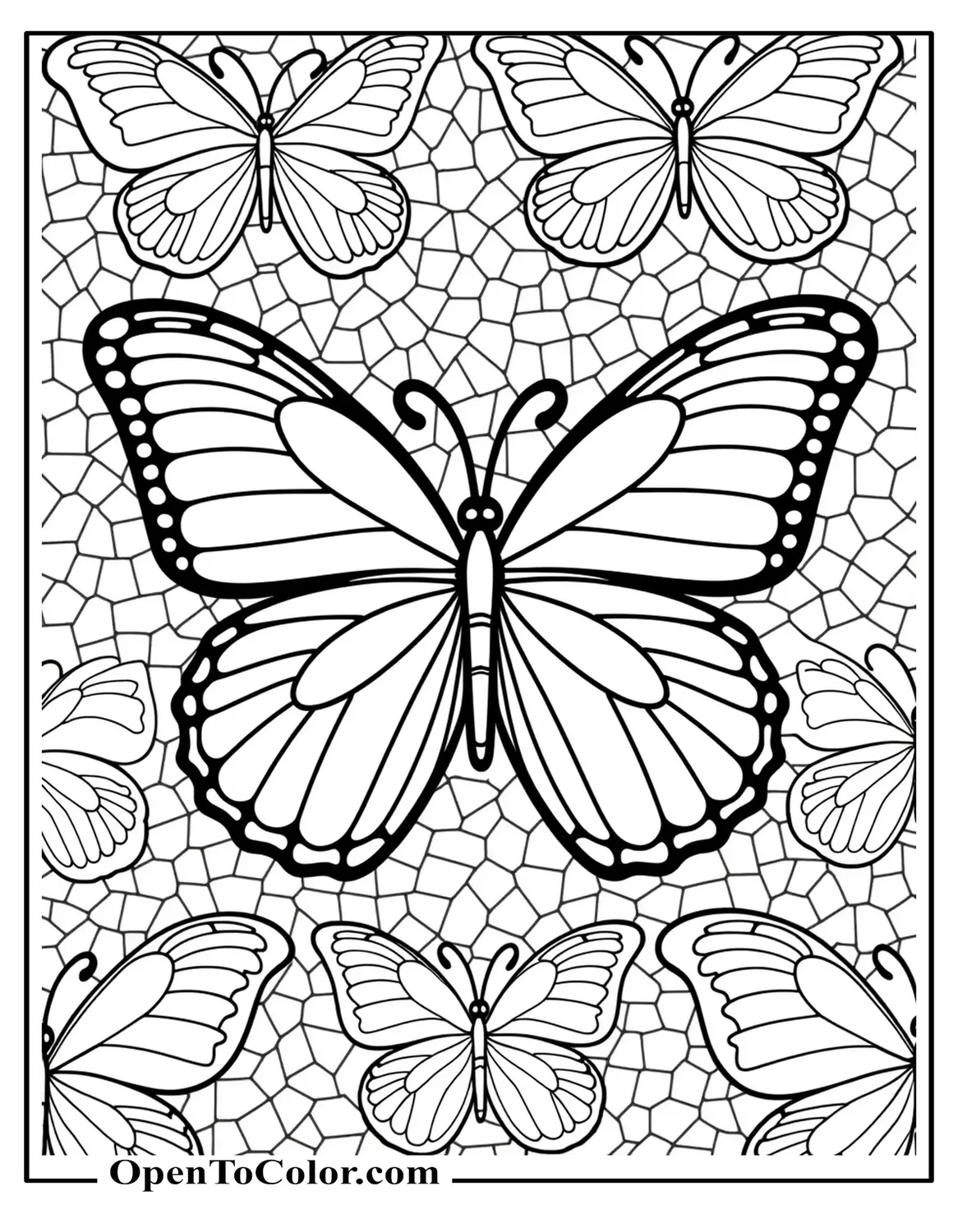 A Printable Abstract Tessellated Butterfly Coloring Sheet Pattern Filling the Entire Page