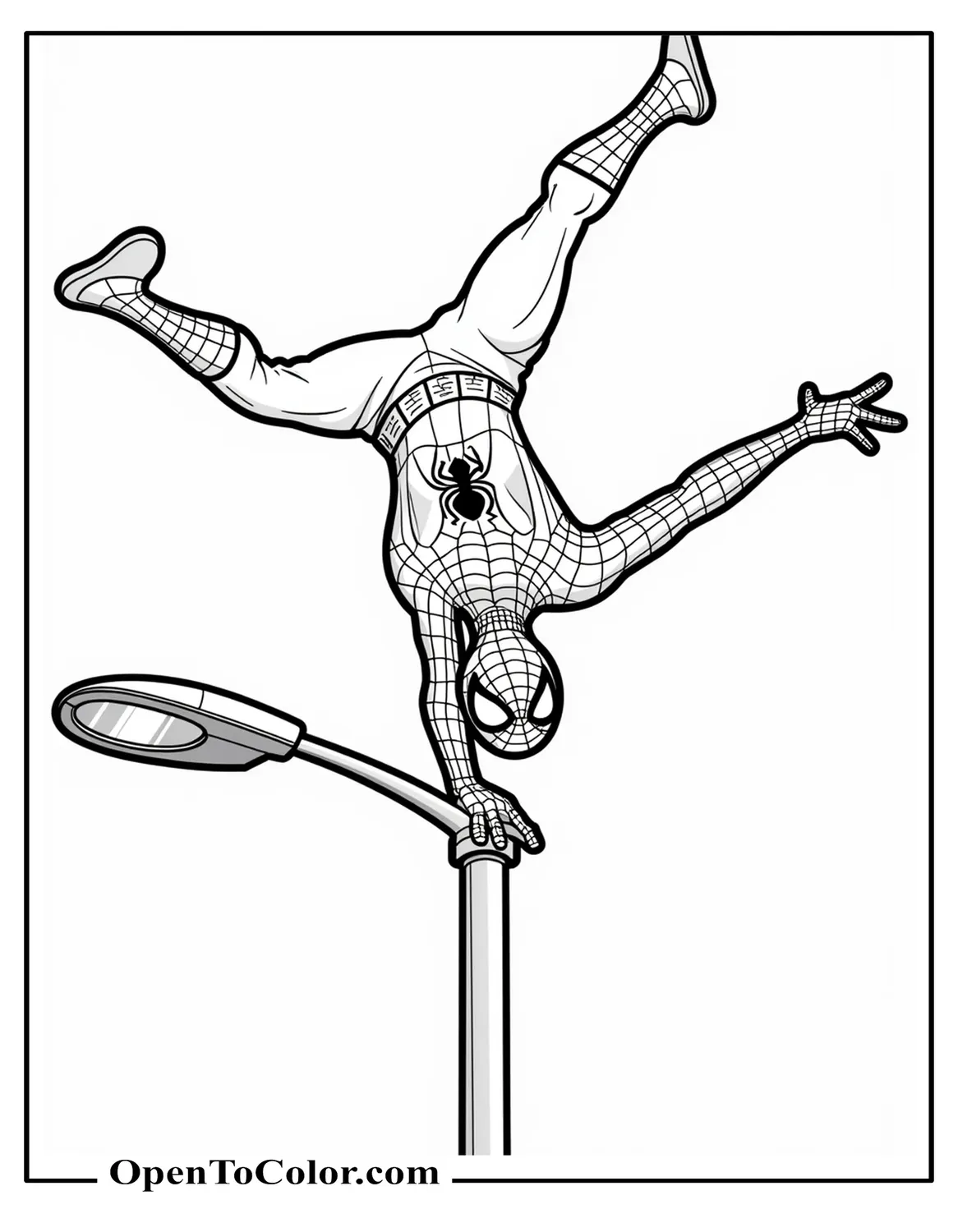 Spiderman in an Acrobatic Pose on a Street Lamp Coloring Page Printable