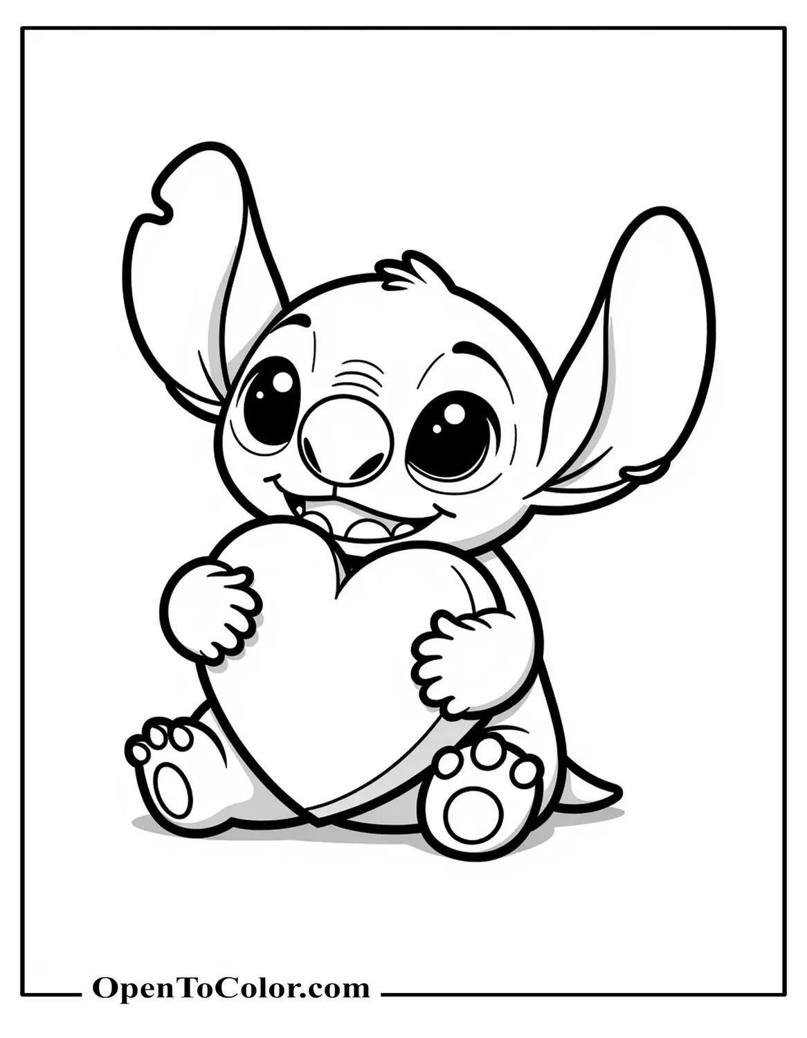 Chibi Stitch Hugging A Plush Heart Coloring Sheet PDF With Oversized Eyes And A Big Smile