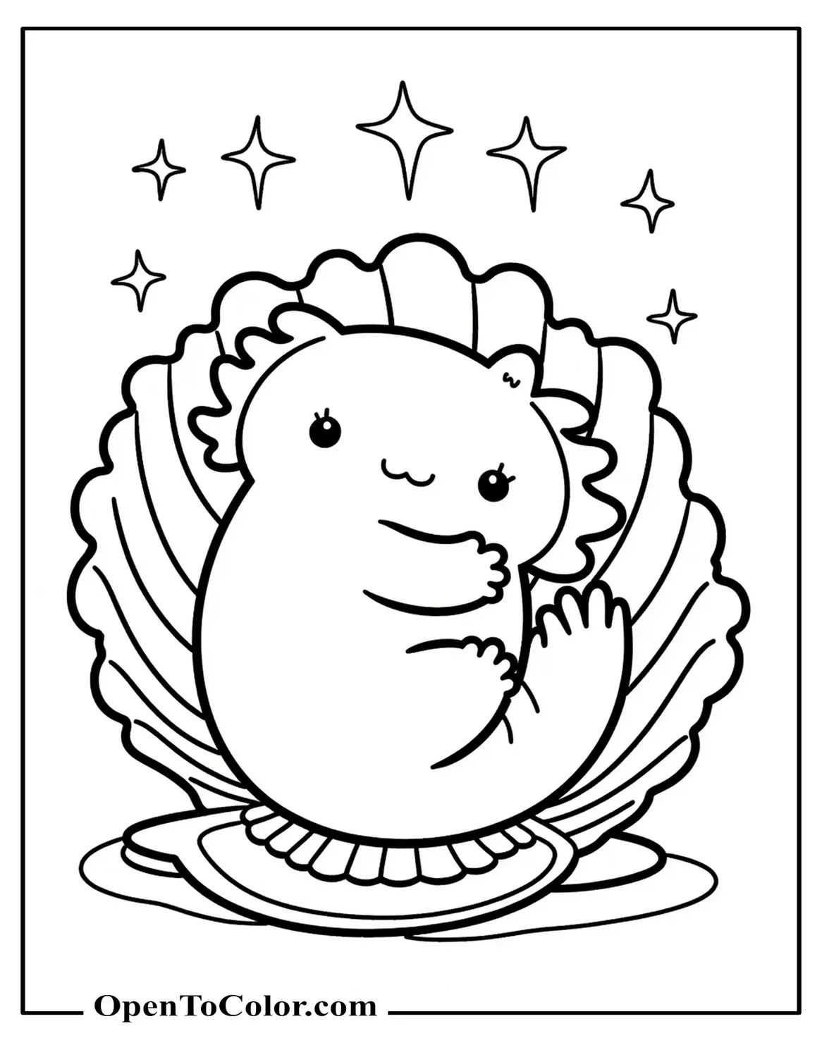 Sanrio style axolotl hugging a seashell under sparkles, printable coloring sheet.