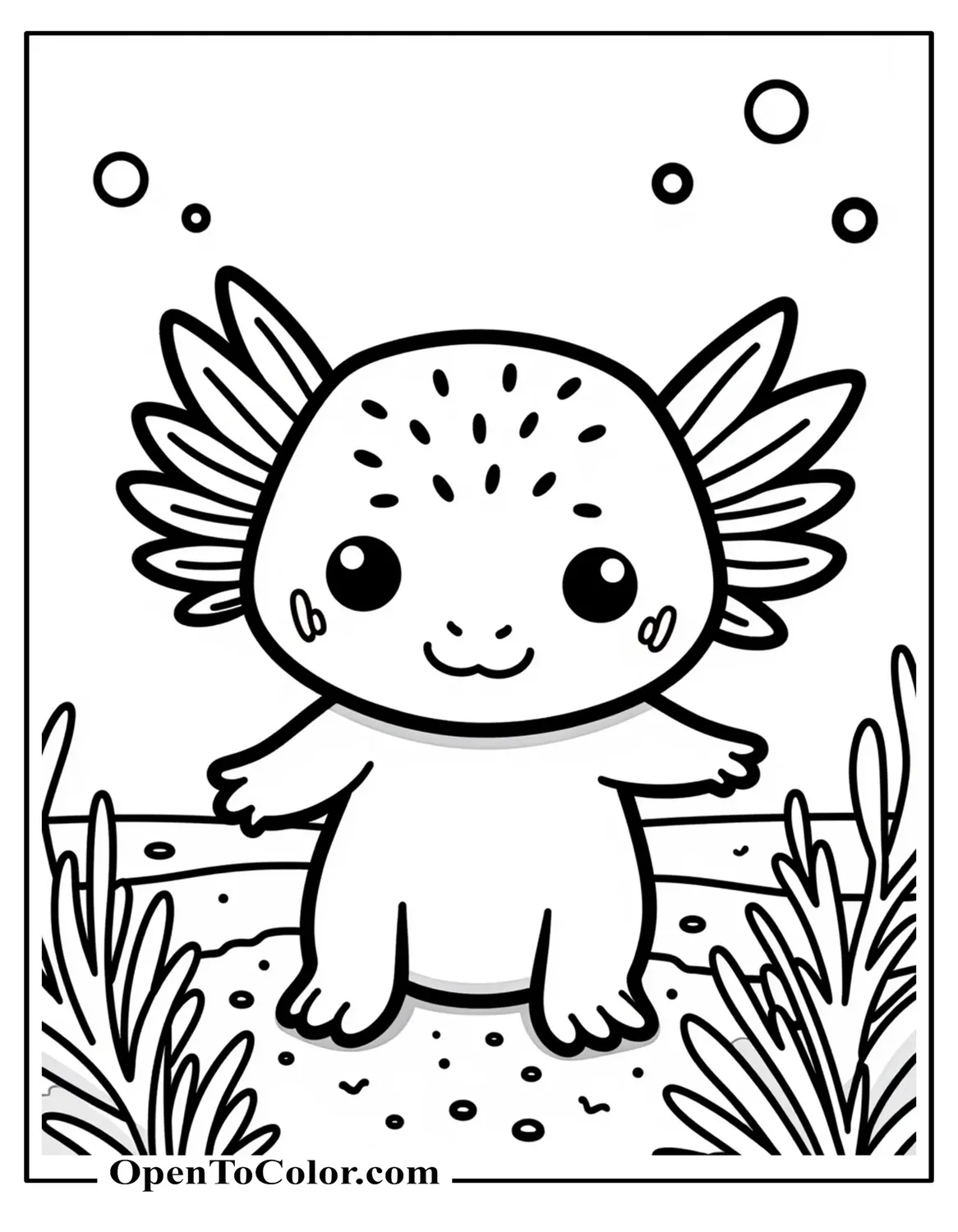 Free Adorable Tiny Axolotl Peeking Through Underwater Weeds Coloring Sheet
