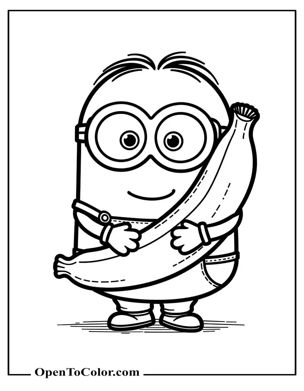 Free Coloring Sheet of Adorable Funkopop-Style Minion Hugging Oversized Plush Banana