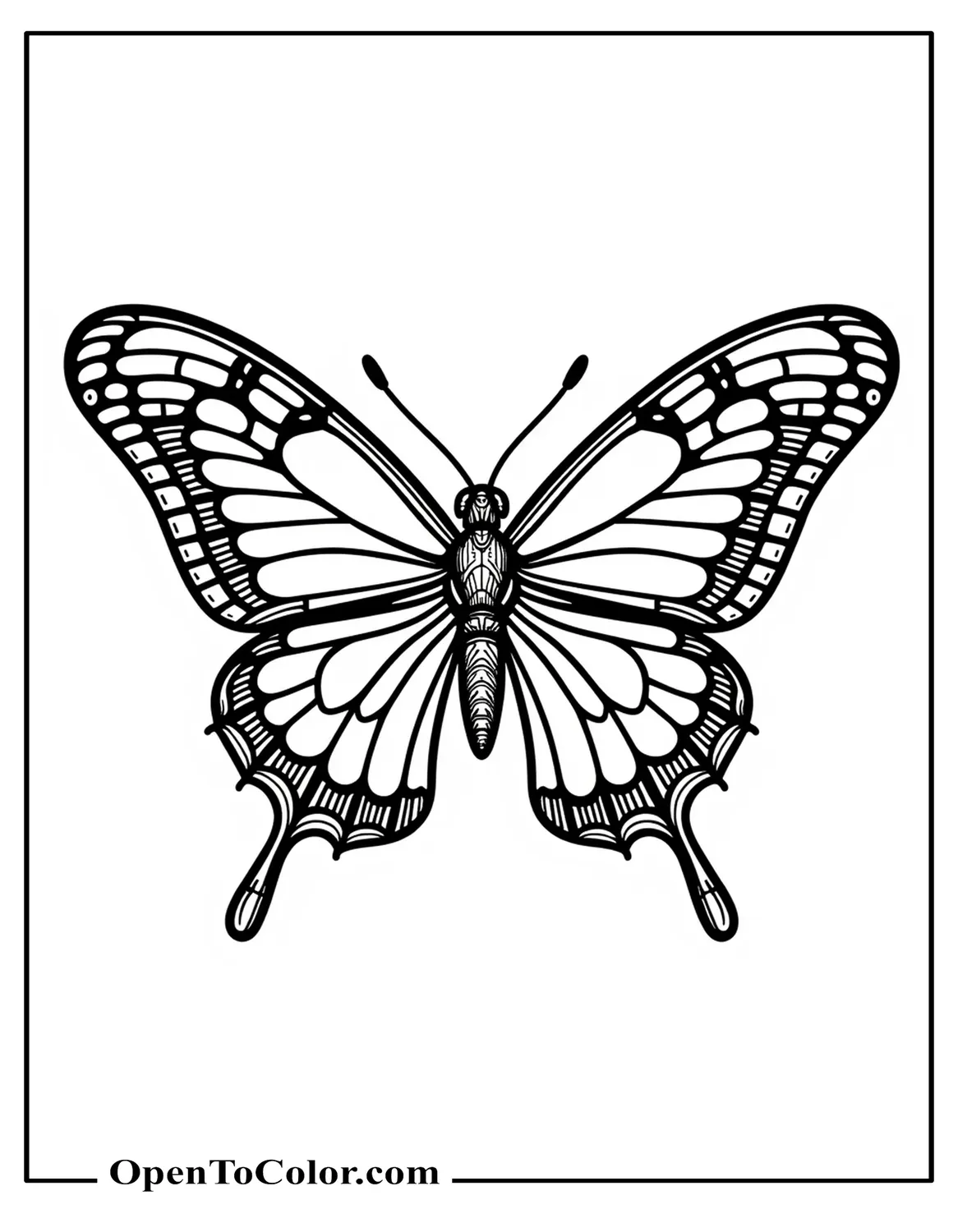 An intricate stained-glass style butterfly coloring page filled with tiny segments, available as a PDF.