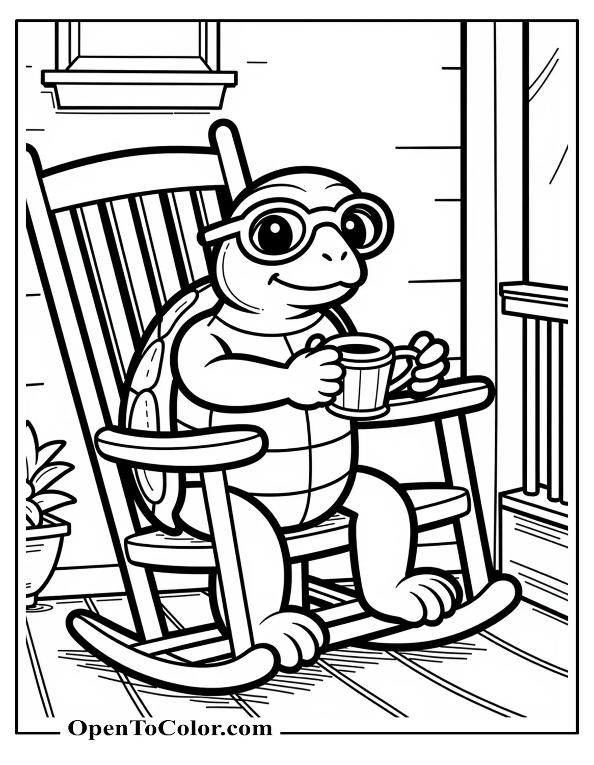 Printable Coloring Page of an Adult Turtle with Reading Glasses Sipping Tea on a Porch Rocking Chair