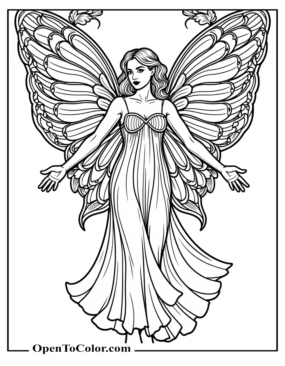 Art-Nouveau Fairy Coloring Sheet PDF With Stained-Glass Wings Framed By Lilies