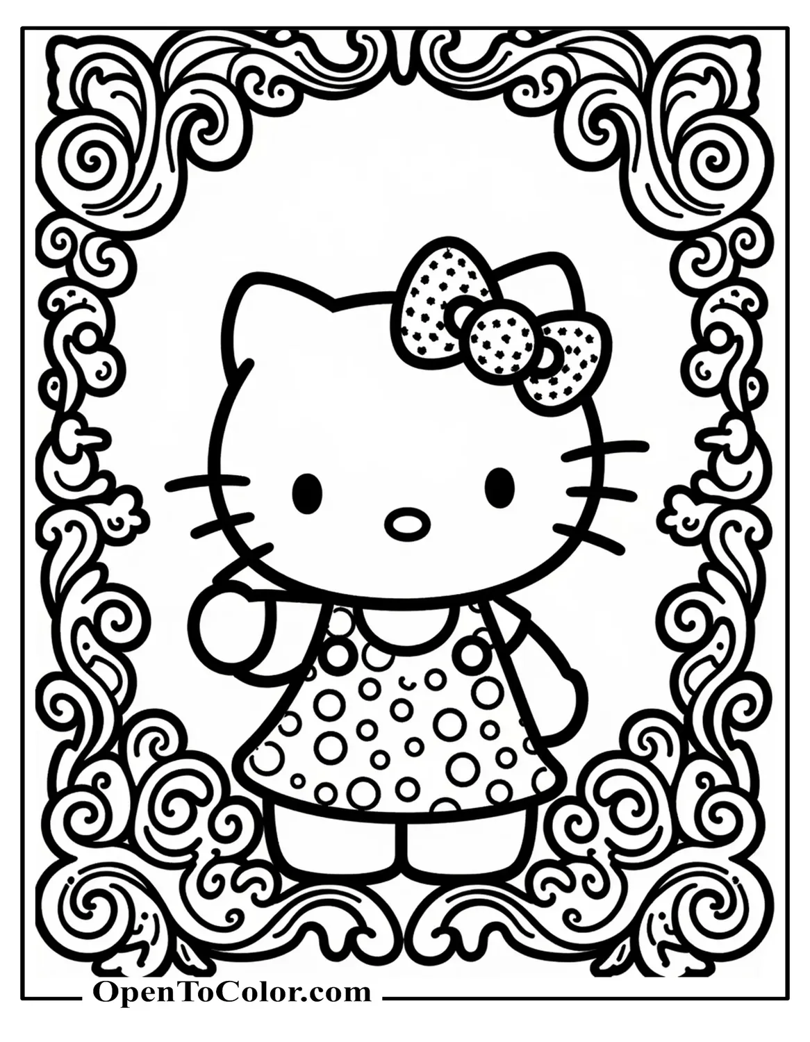 Hello Kitty Framed by Detailed Mandala Vines and Paisley Patterns, Adult Intricate Design, Printable Coloring Page