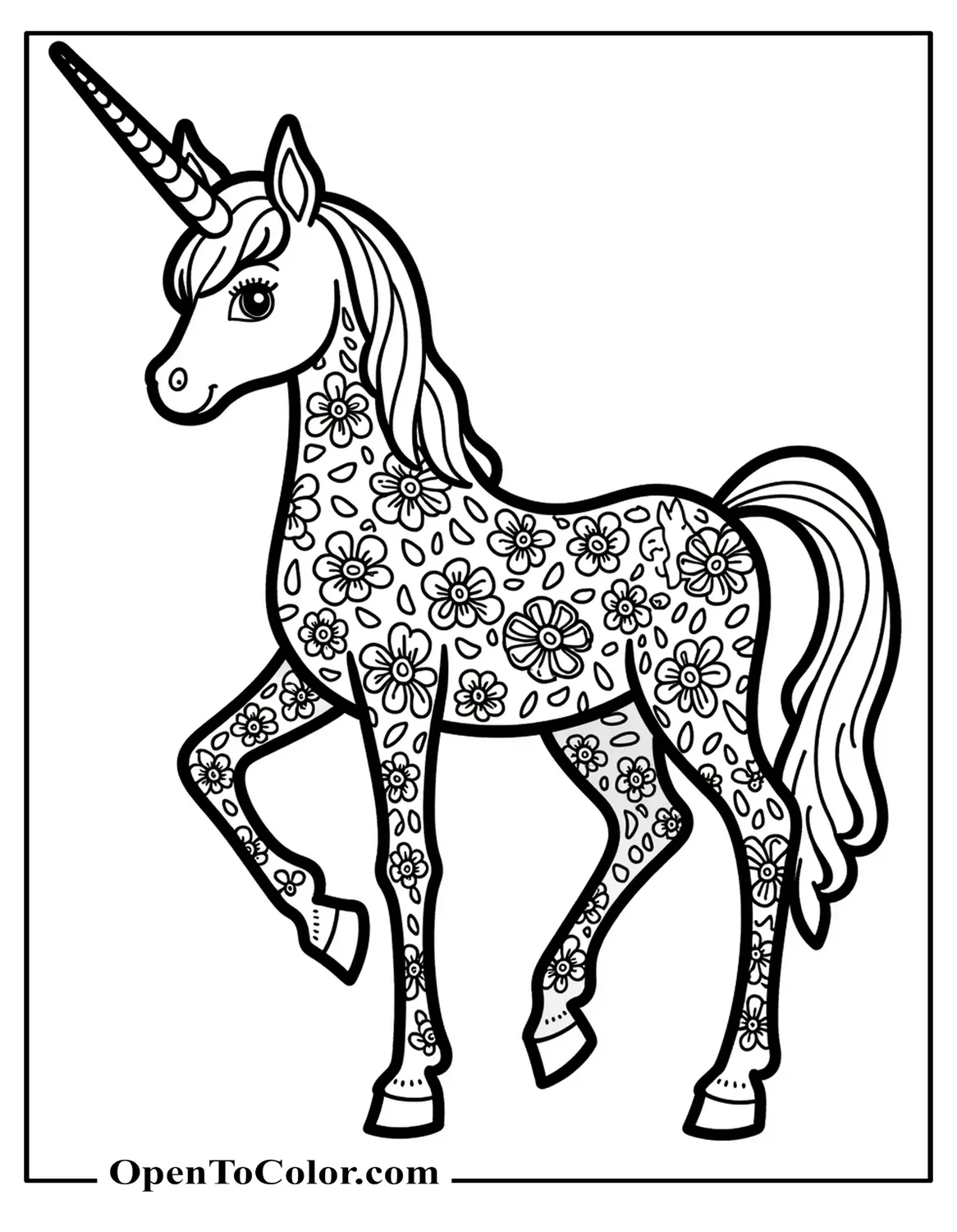 Printable Coloring Sheet of a Unicorn with Detailed Floral Pattern Body