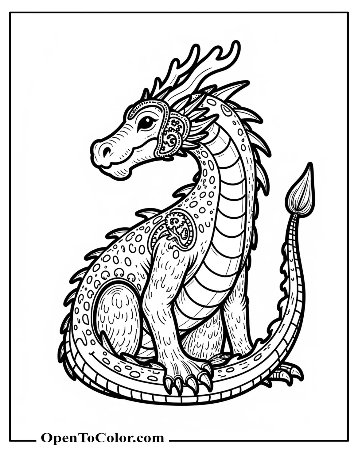 Free Coloring Sheet of Steampunk Dragon with Interlocking Gears and Vents