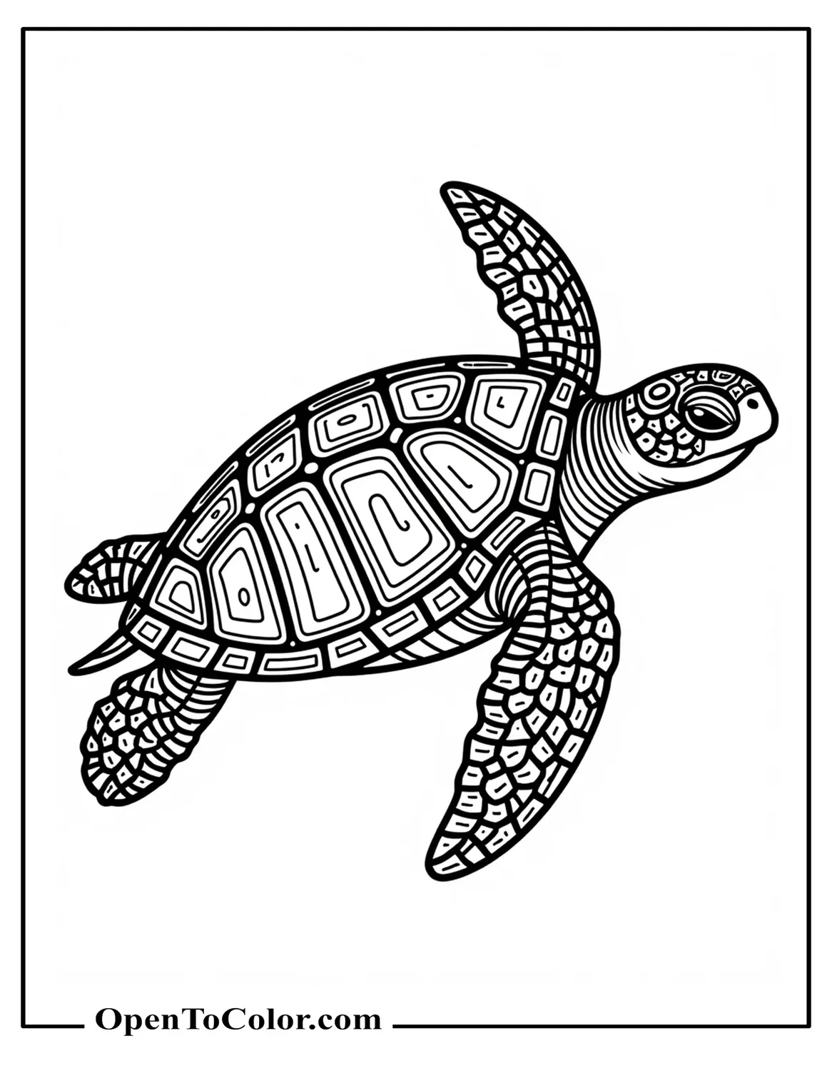 Advanced Sea Turtle Coloring Page With Shell Patterned Like An Intricate Maze Mid‑Swim Printable