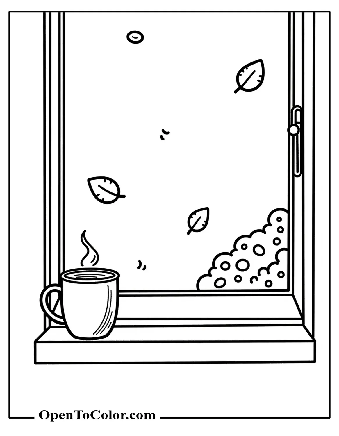 Printable coloring sheet of an aesthetic coffee mug on a windowsill, glass fogged, leaves drifting outside.