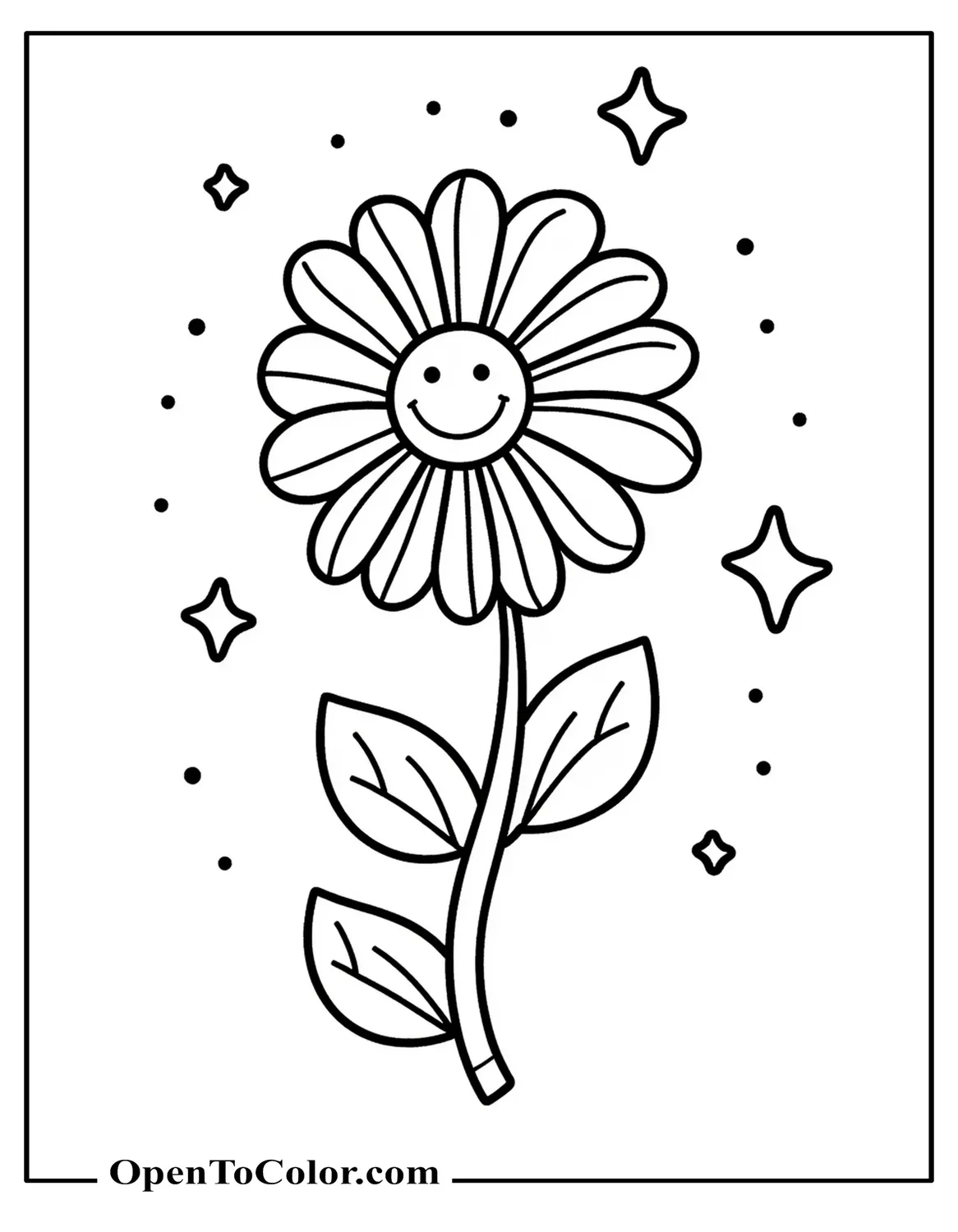 Free Coloring Sheet of a Flower with Stars and Sparkles Surrounding It