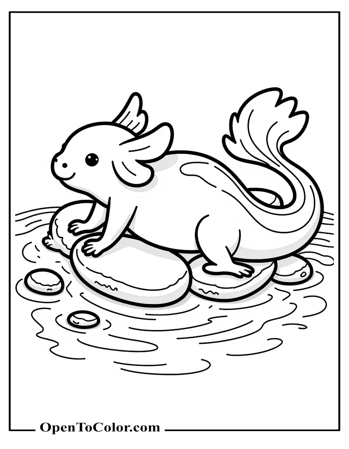 Free Coloring Sheet of Albino Axolotl Resting on Smooth River Stones