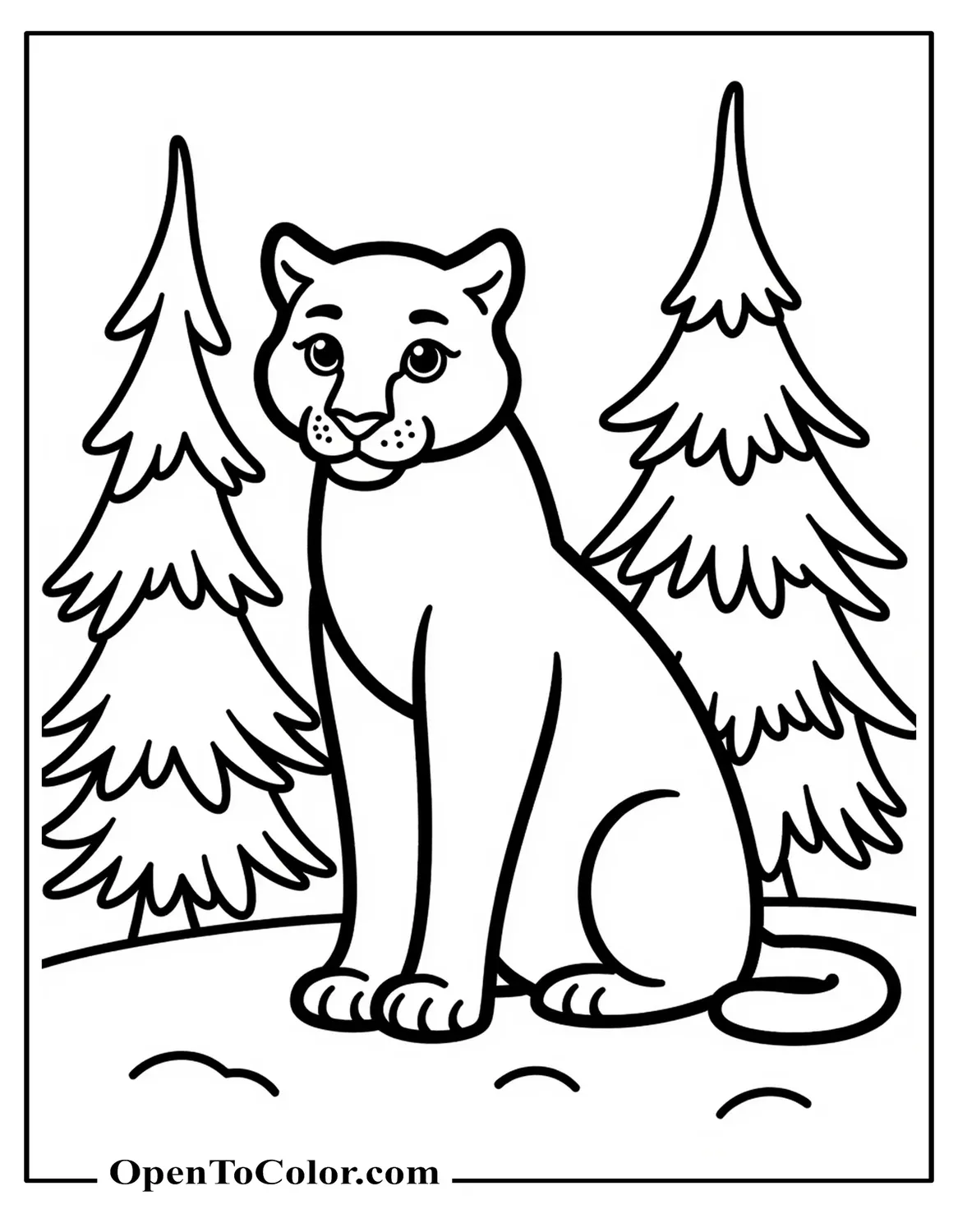 Albino Jaguar Coloring Sheet Sitting In Snow Beside Evergreen Trees PDF