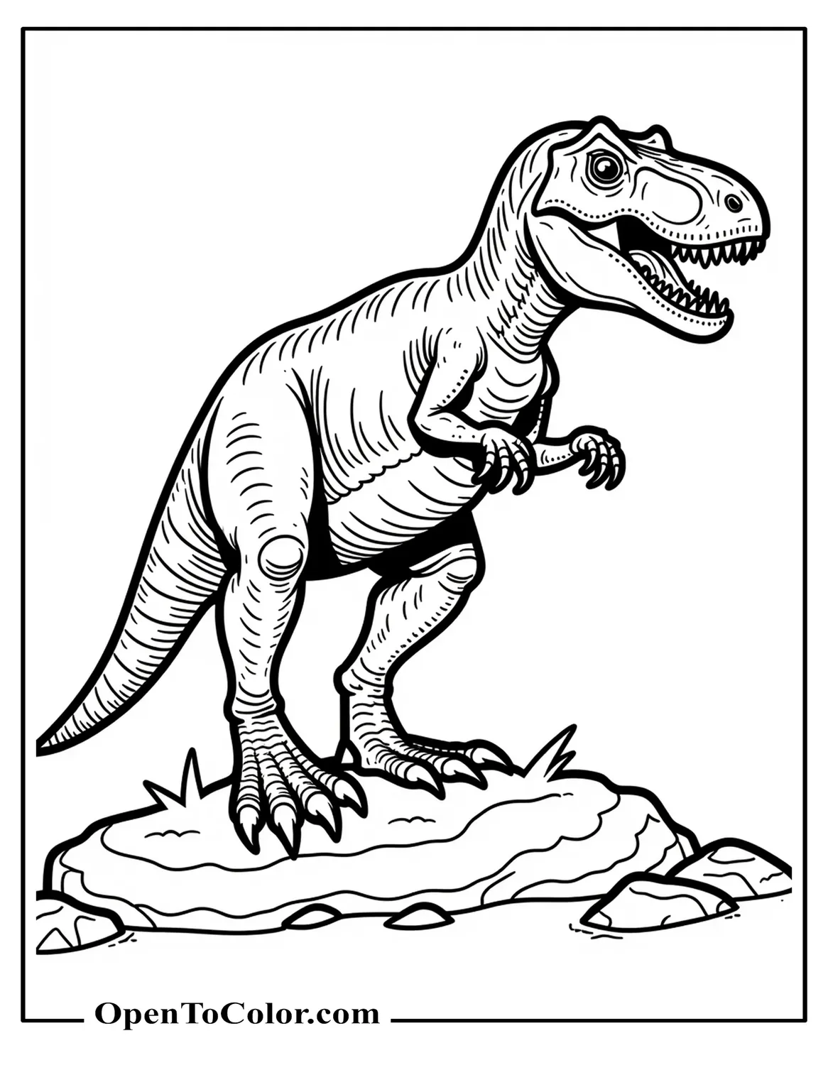 Printable Coloring Page of Alpha T-Rex with Scars Standing on Rock