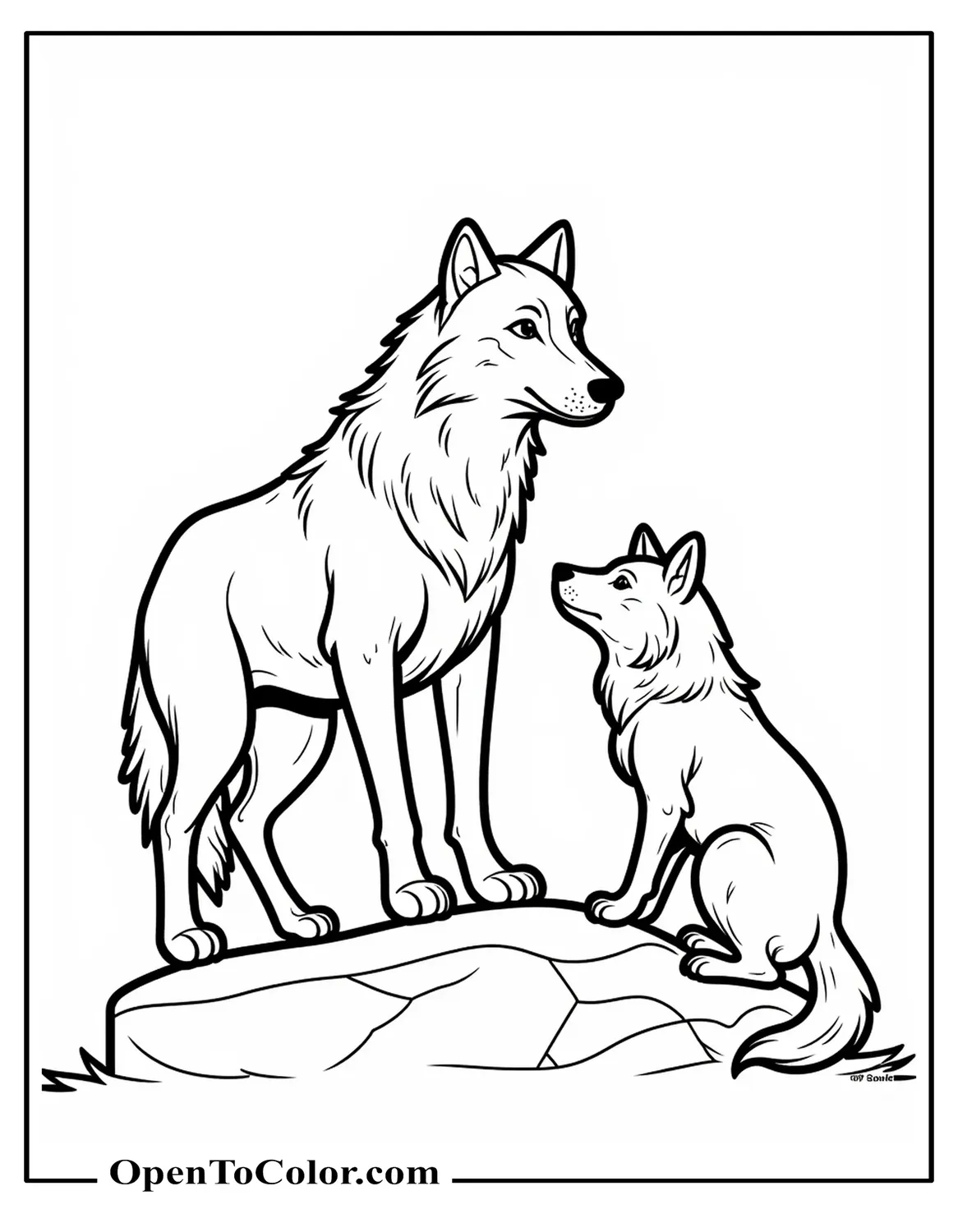 Free Coloring Sheet of Alpha Wolf Standing Tall on Rock, Subordinate Wolf Bowing