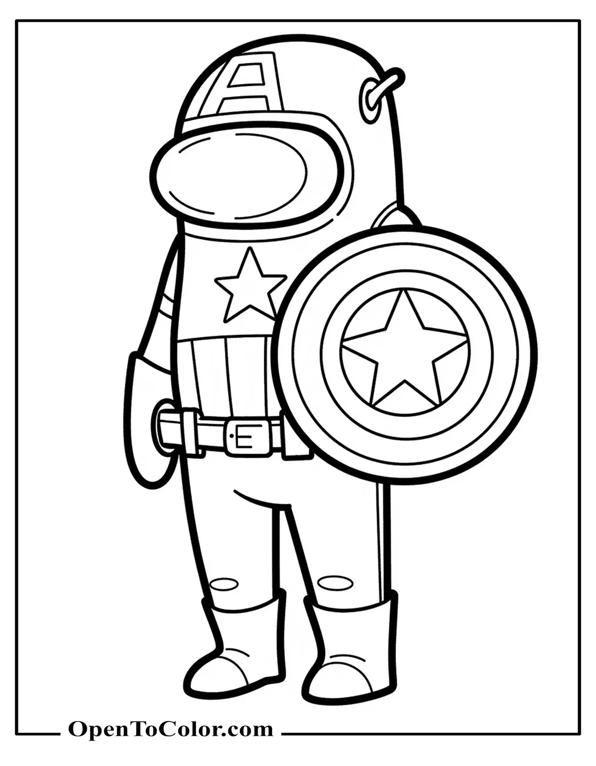 Among Us character dressed as Captain America with Captain America's shield coloring page PDF.