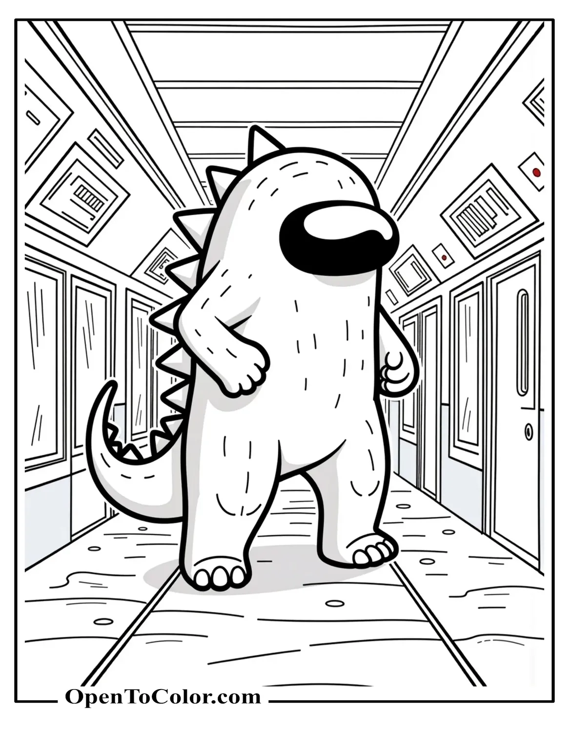 Free Coloring Page of Among Us Crewmate-Shaped Godzilla with Tail and Dorsal Fins Stomping a Spaceship Corridor