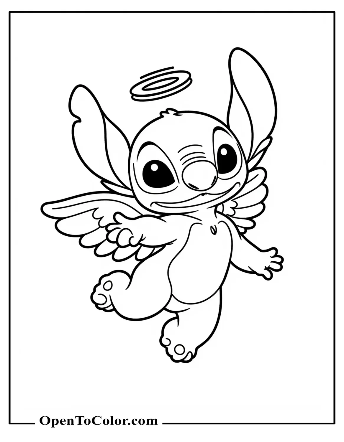 Free Coloring Page: Stitch Wearing a Small Halo and Feathery Wings, Floating Serenely, Sanrio Style