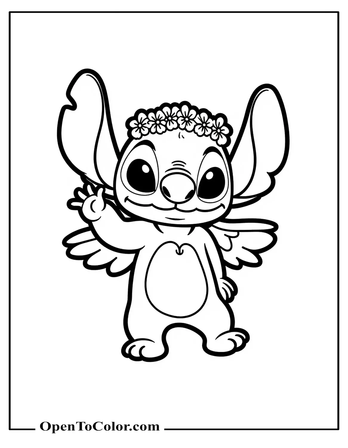 Stitch waving while wearing a flower crown and soft angel wings, chibi style, coloring sheet PDF.