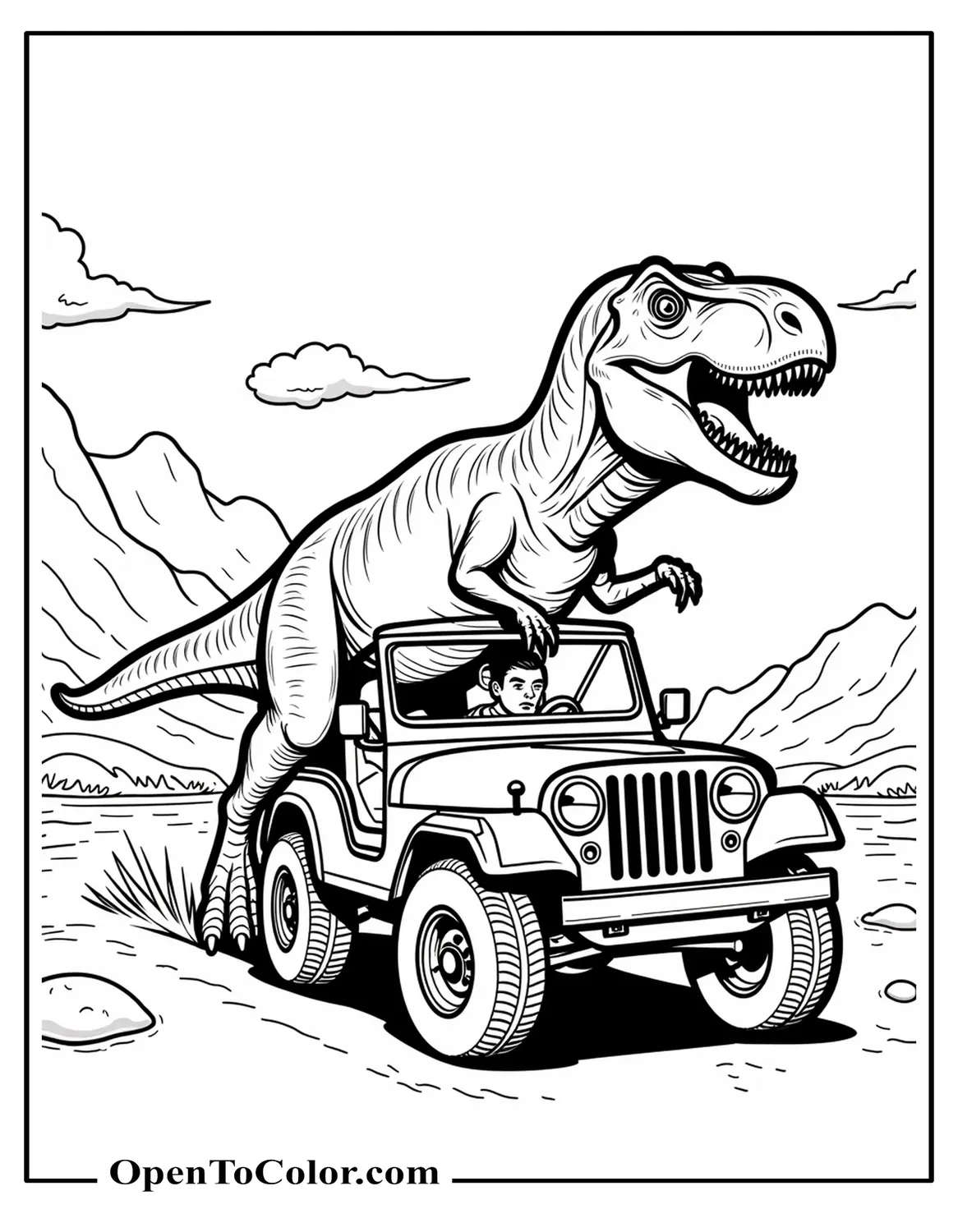 Free Coloring Sheet of Angry Tyrannosaurus Rex Chasing Off Jeep