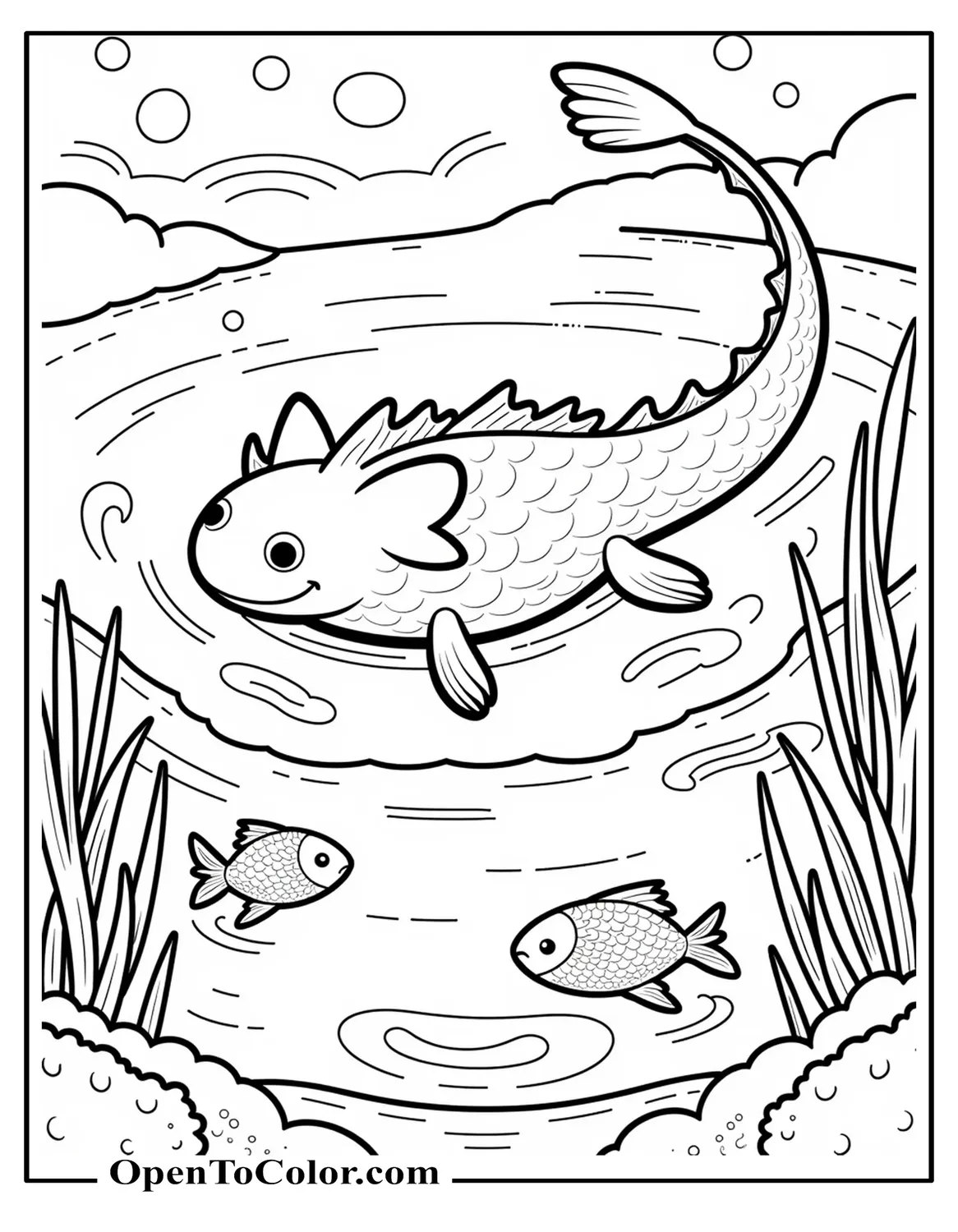 Pond scene coloring page with an axolotl alongside small fish, printable.