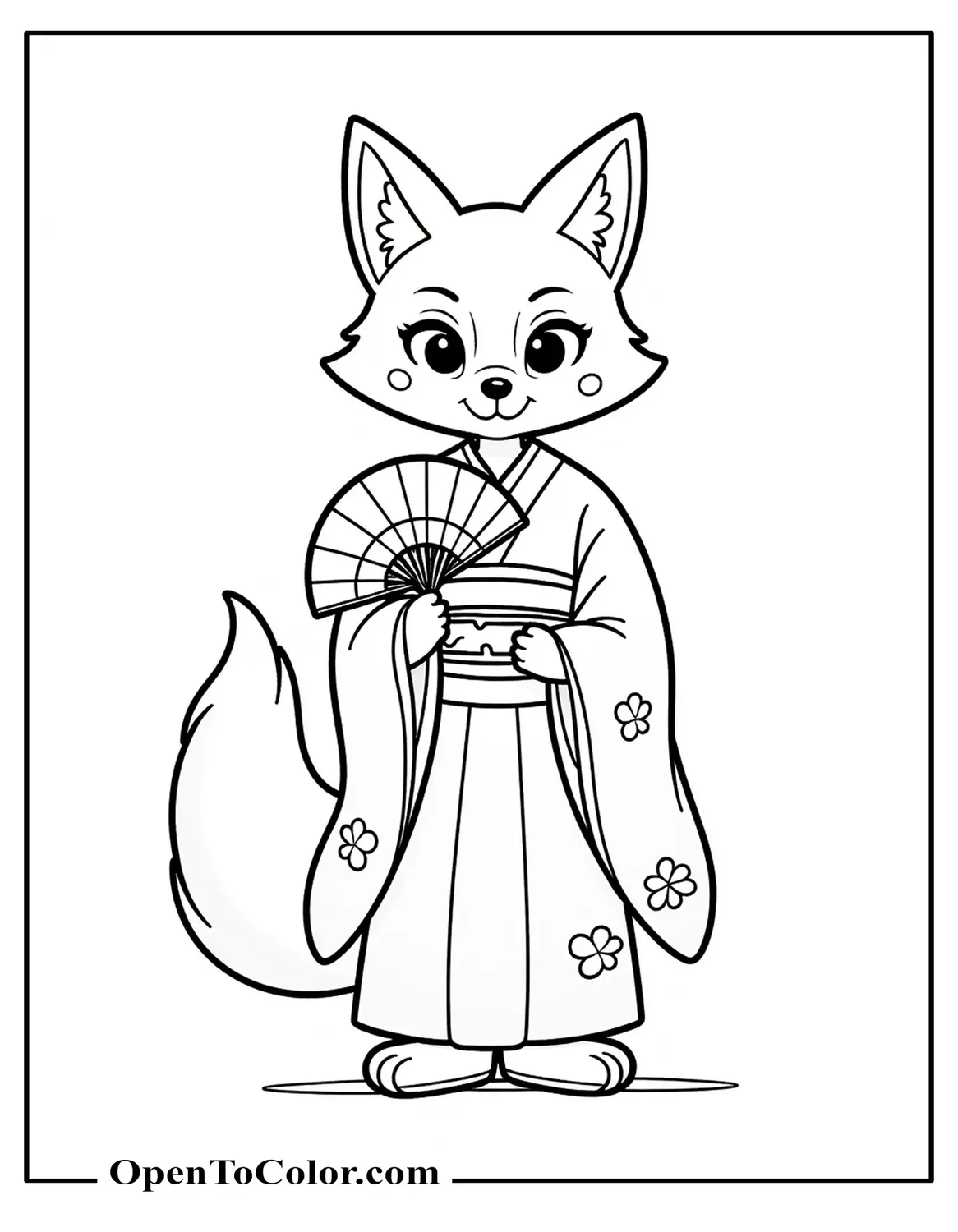 Anime Fox Wearing A Kimono Holding A Fan Coloring Sheet PDF