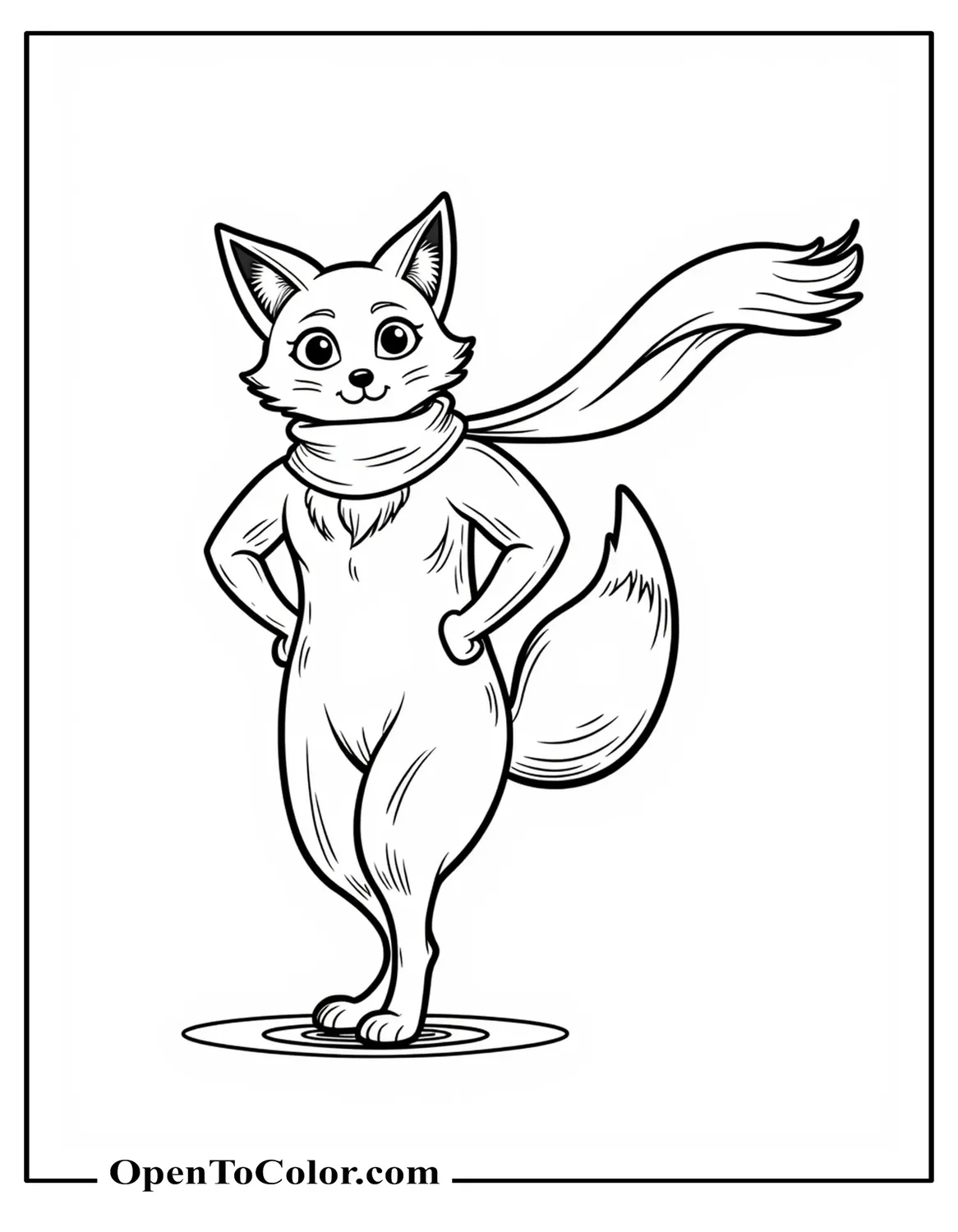 Printable Coloring Sheet of an Anime Fox with a Long Scarf Blowing in Wind