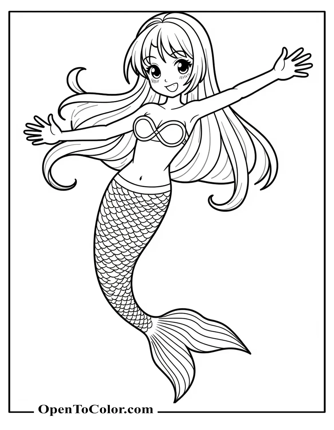 Free Coloring Sheet of Anime Mermaid Striking Dynamic Pose