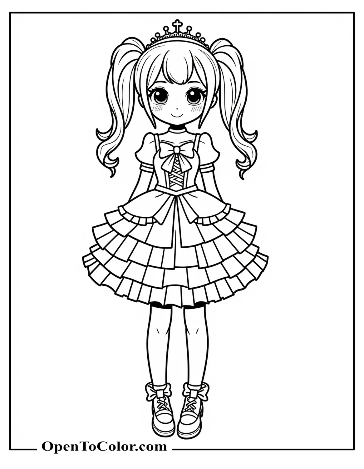 A coloring sheet of an anime princess with big eyes, double pigtails, and layered dress with bows, wearing a tiara, available as a PDF.