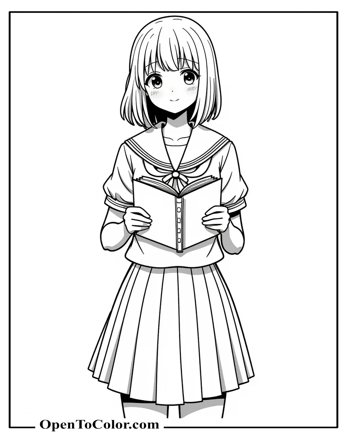 Anime school girl waist-up in sailor uniform holding open notebook, smooth manga inks, clear lines, coloring sheet PDF.