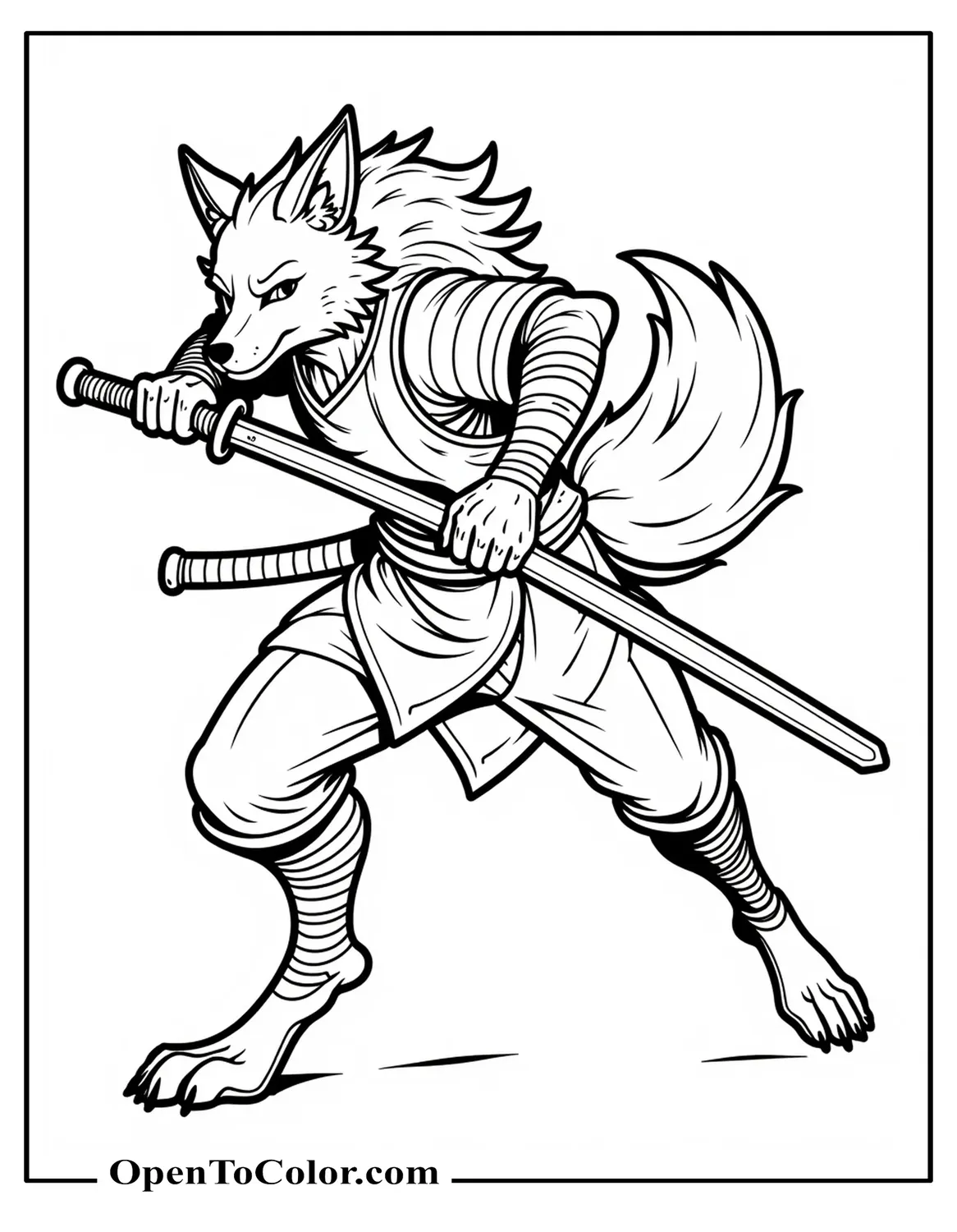 Free Coloring Sheet of Anime Warrior Wolf Holding Katana, Dynamic Side Leap