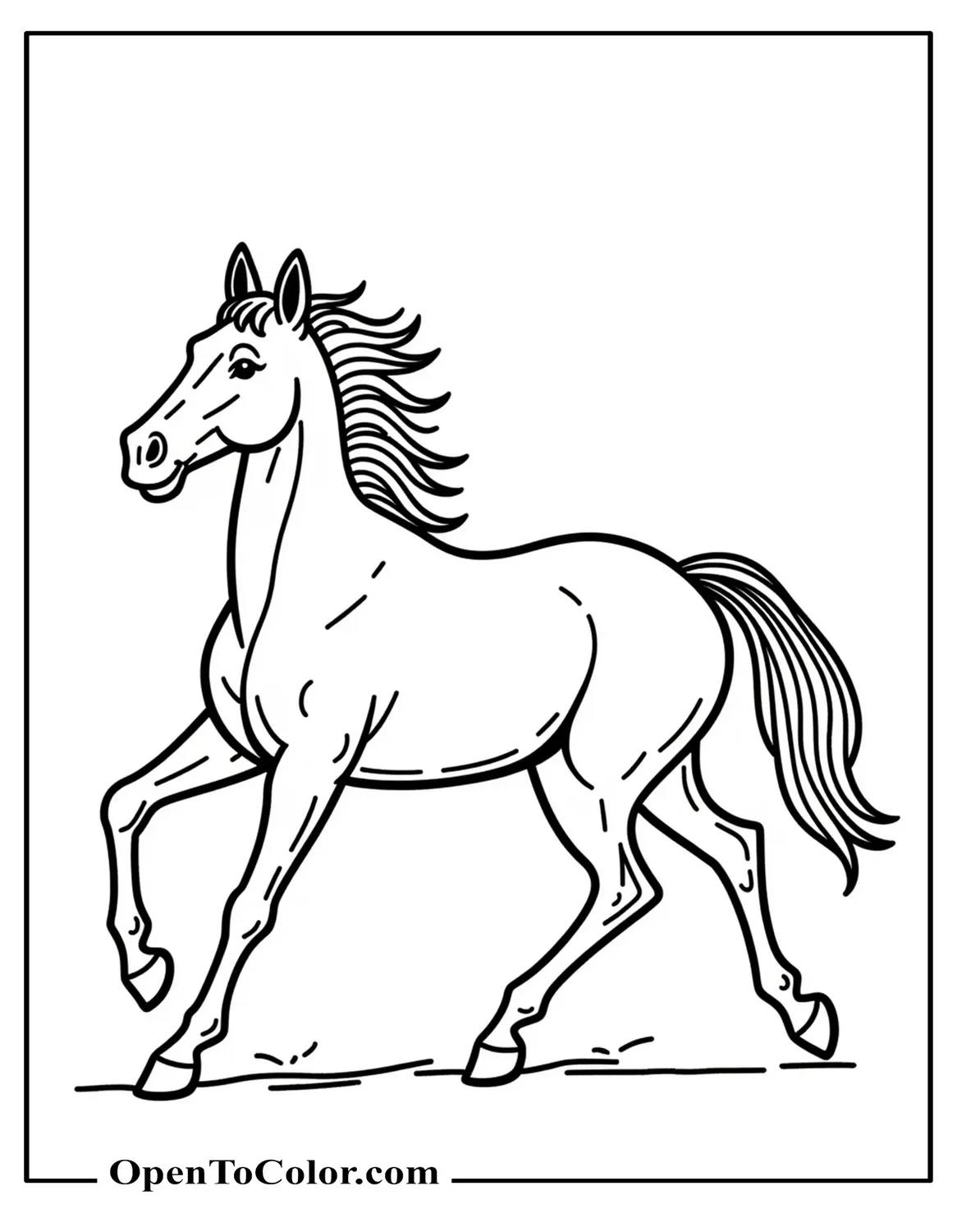Free Coloring Sheet of Arabian Horse Trotting, High Tail and Arched Neck