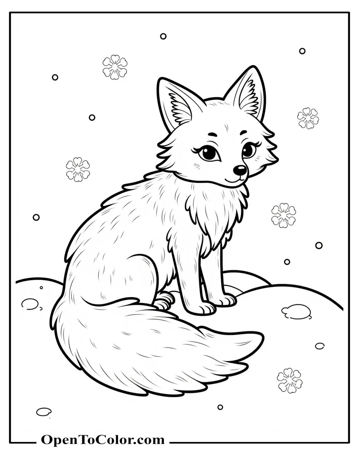 Arctic Fox Coloring Page PDF Curled in Snow with Falling Snowflakes