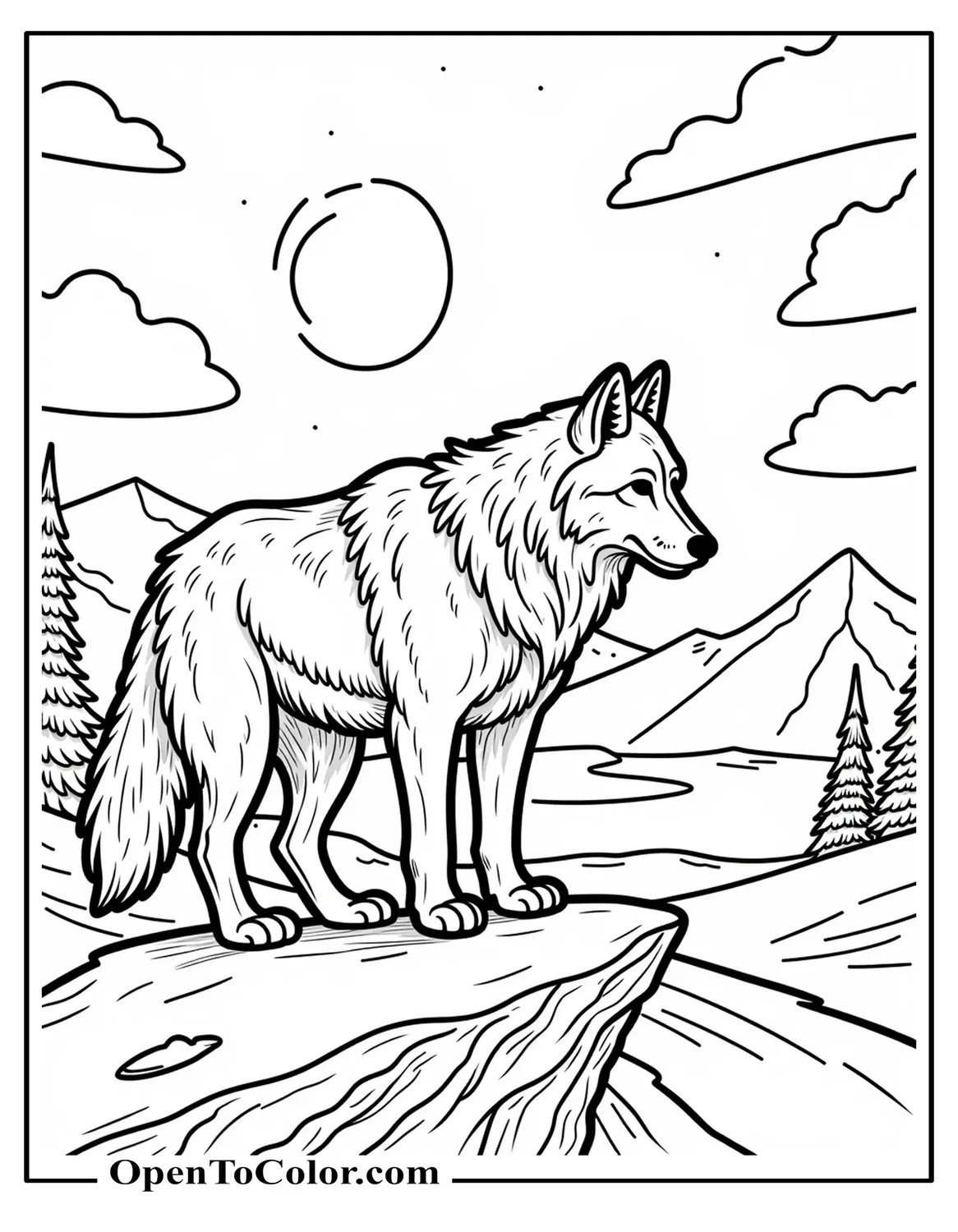 Printable coloring page of Arctic wolf prowling over snowy ridge with northern lights above