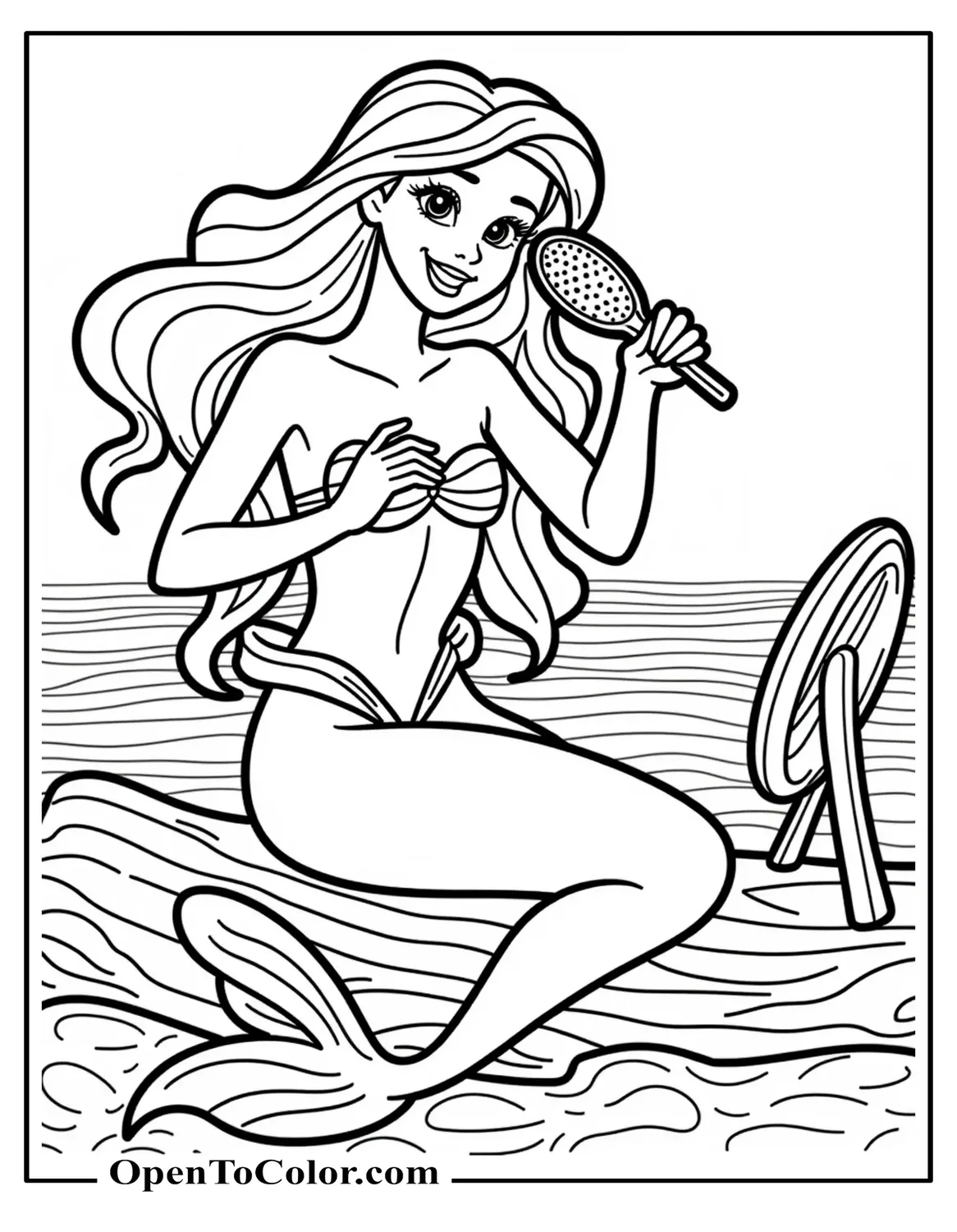 Free Coloring Sheet of Ariel the Mermaid Brushing Her Hair with Hair Brush, Sitting in Front of a Driftwood Mirror Propped on a Seaside Rock