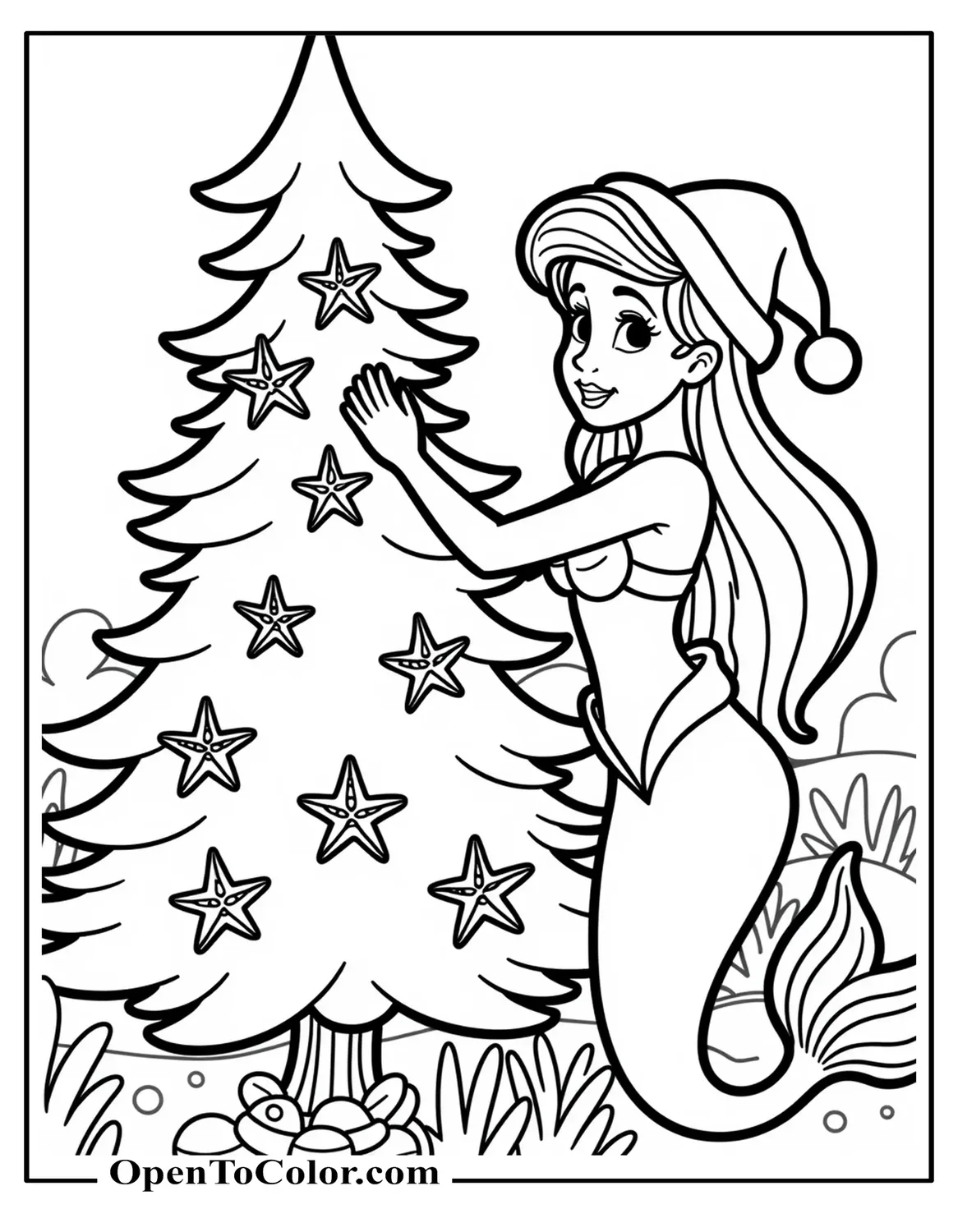 Printable Coloring Sheet of Festive Ariel Decorating an Underwater Pine Tree with Starfish Ornaments, Wearing a Santa Hat