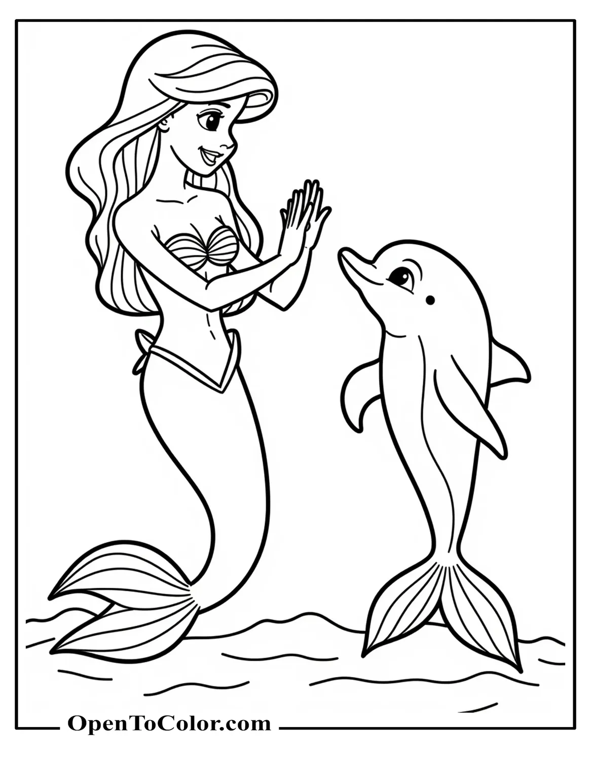 Printable Coloring Page of Ariel Mermaid Giving a High‑Five to a Small Dolphin, Cheerful Scene Designed for Kids