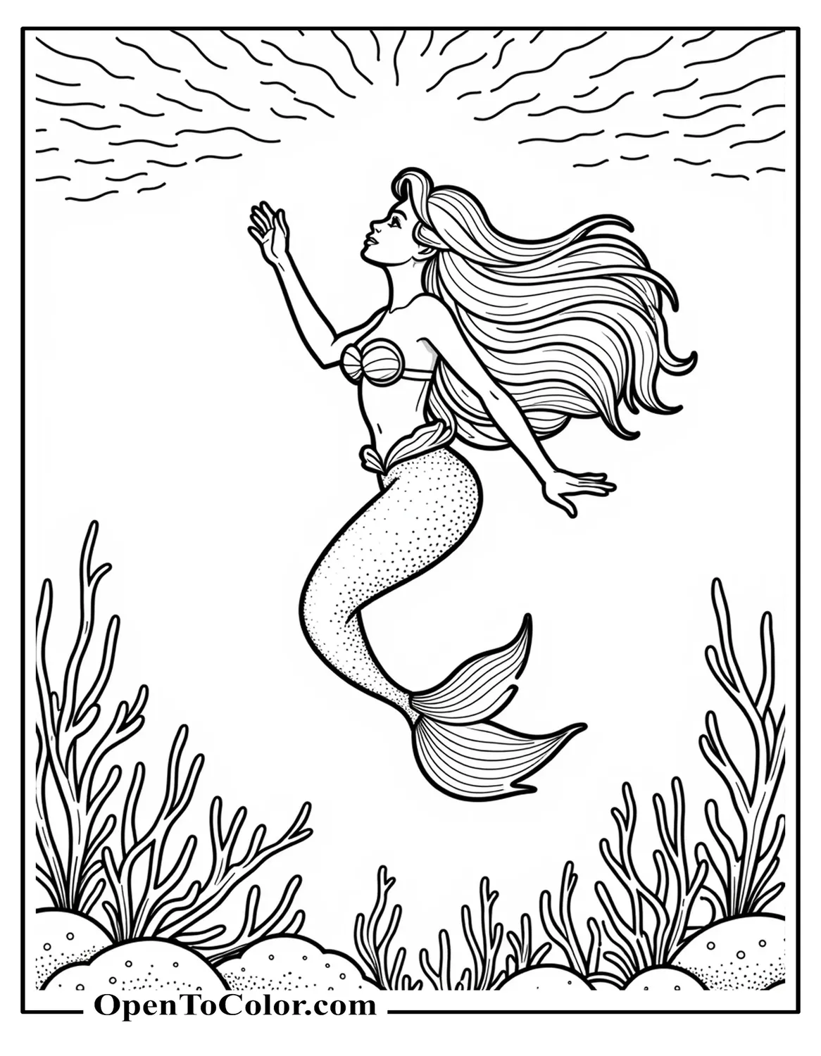 Realistic Ariel swimming upward toward sunlight above a coral reef, hair flowing behind her, coloring page PDF.