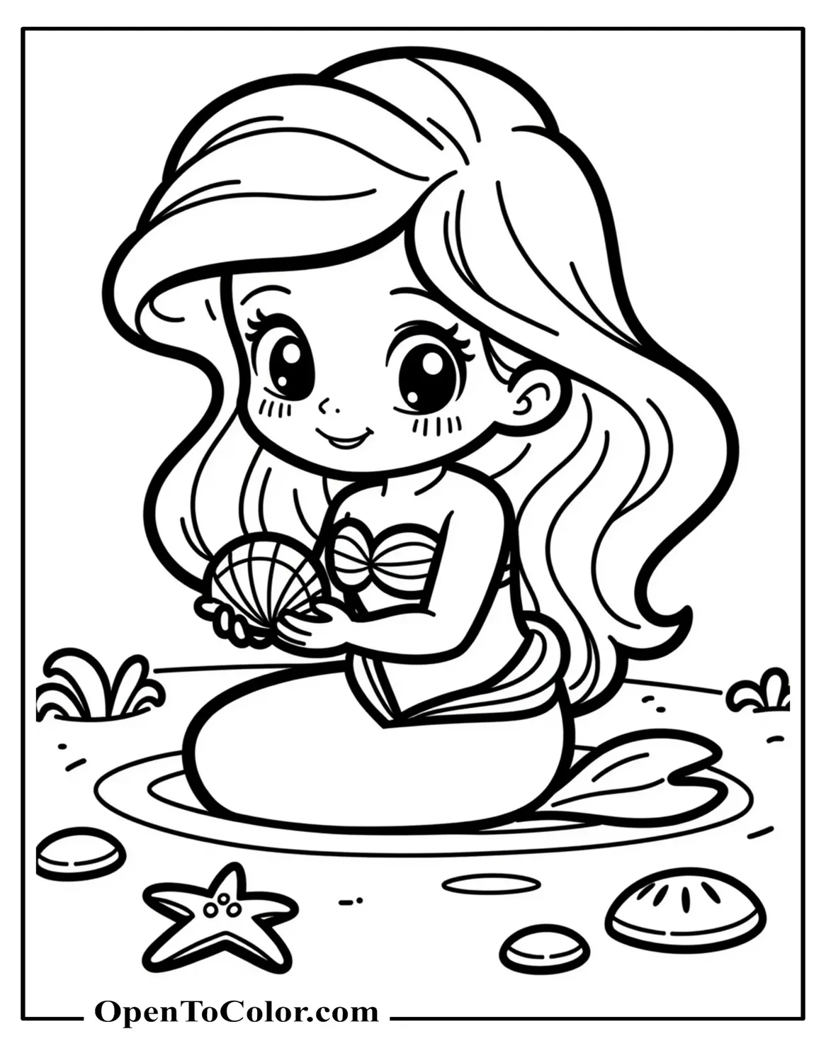 Free Chibi Little Mermaid Ariel Collecting Seashells In A Tide Pool Coloring Page, Starfish Scattered Around Her Feet