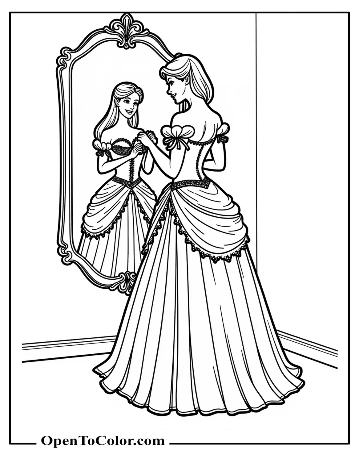 Coloring Sheet, Printable, Mermaid-Princess Gown with Seashell Bodice Displayed on Dress Form, Detailed Outlines