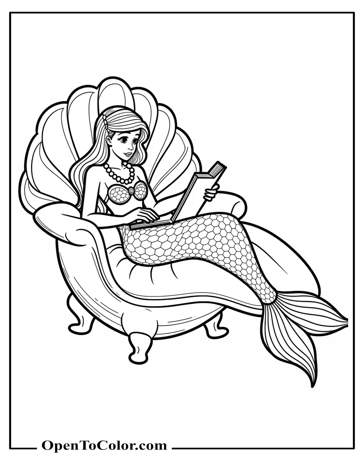 Ariel Lounging In A Giant Scallop Shell Chaise, Coloring Sheet PDF, Reading Her Diary, Pearls Draped Around