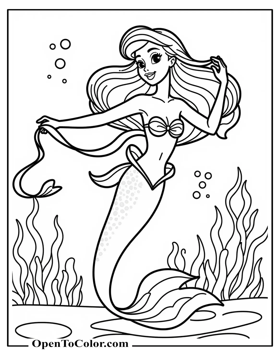Ariel Mermaid Coloring Page Performing An Elegant Underwater Dance With A Trailing Ribbon, Printable Bubbles Rising