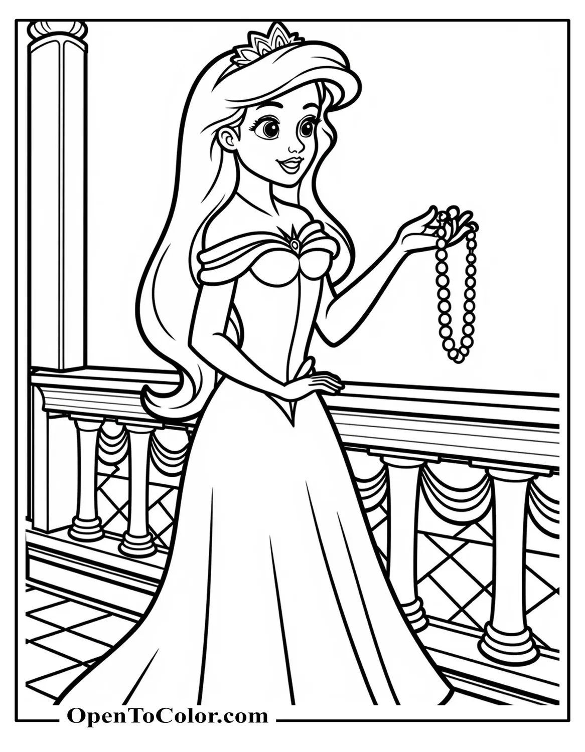 Printable Coloring Sheet of Mermaid Ariel Wearing a Royal Dress, Presenting a Pearl Necklace on a Palace Balcony
