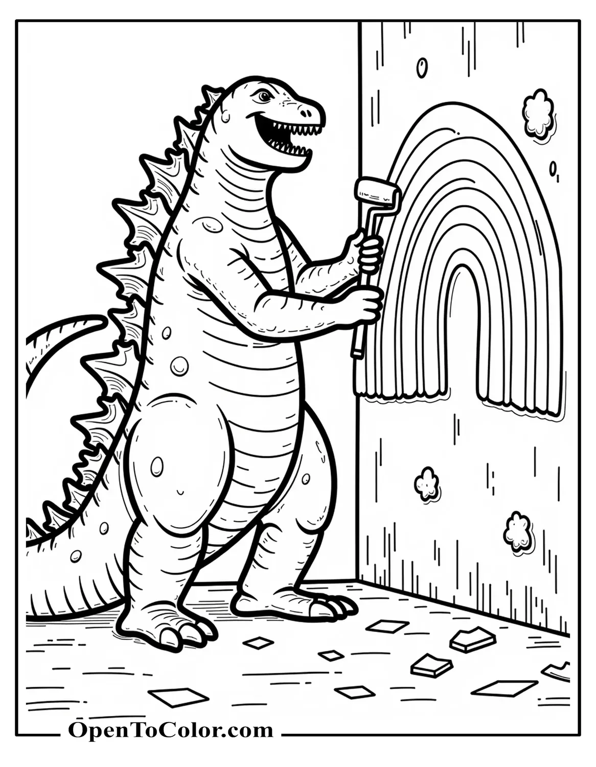 Free Coloring Page of Godzilla Painting a Rainbow Mural on a Broken Wall with a Paint Roller