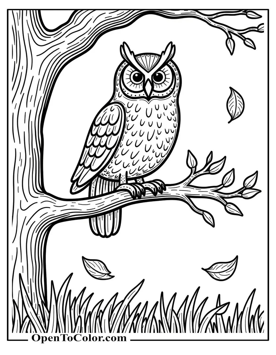 Free Adult Woodland Scene Coloring Sheet With A Wise Owl Perched On A Branch And Falling Leaves