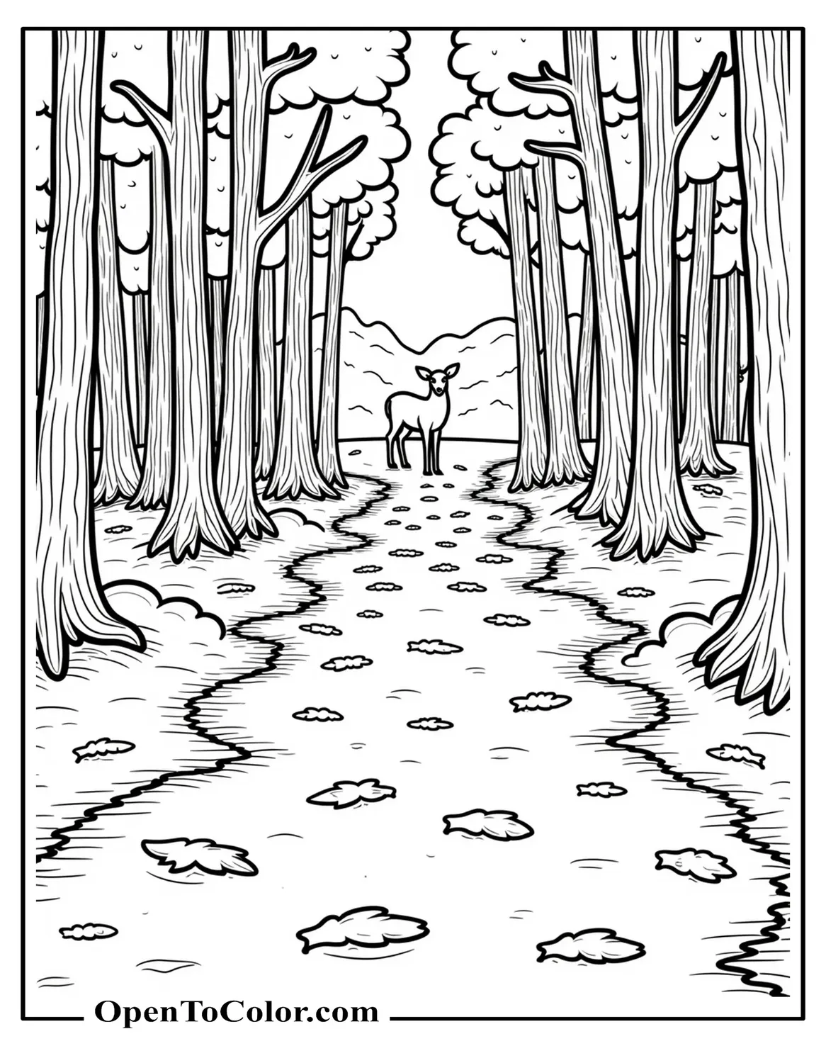 Printable Coloring Page of a Realistic Forest Path Carpeted with Fallen Leaves and a Distant Deer Standing Still