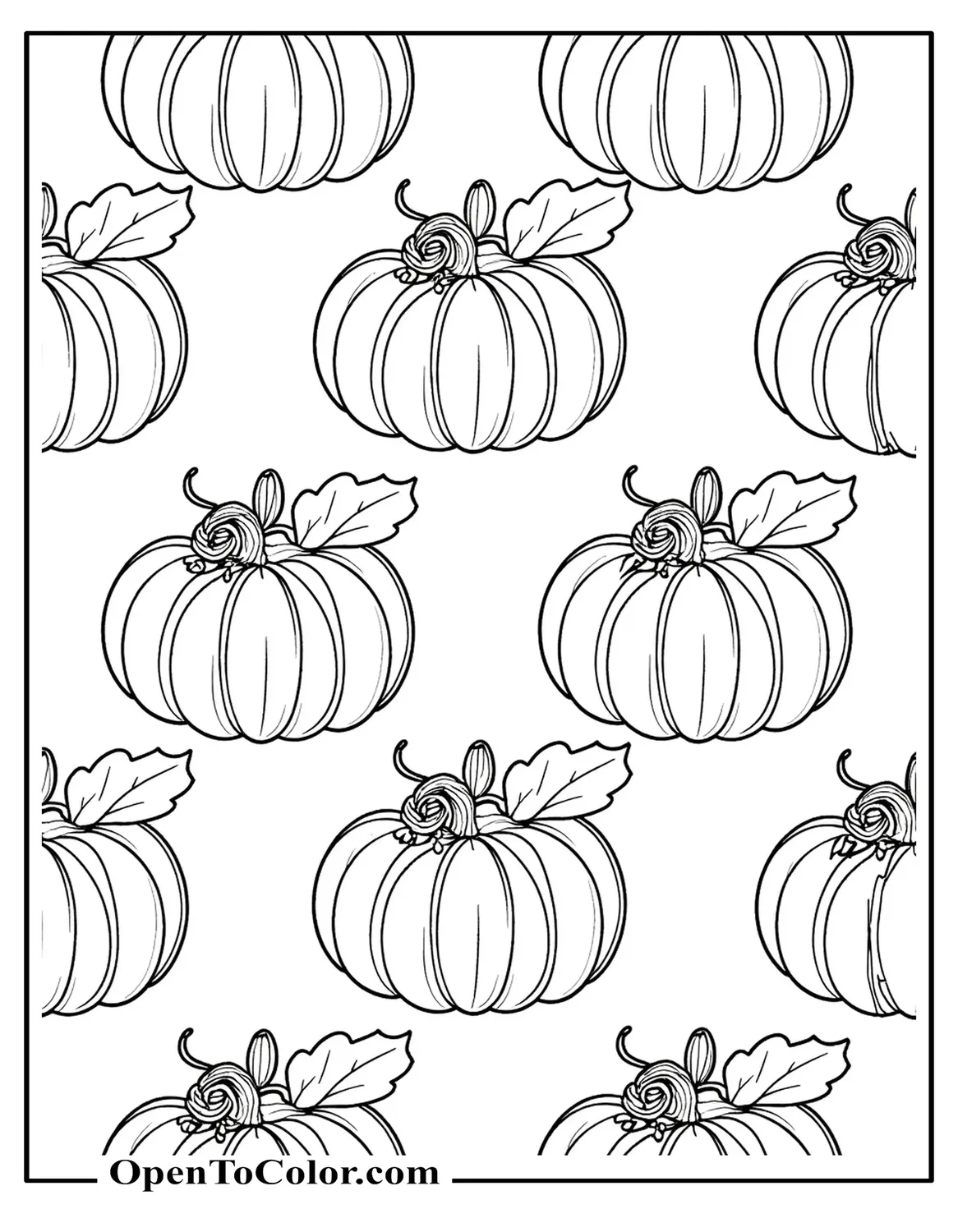 Free Coloring Sheet of Repeating Pattern of Pumpkins with Leaves Forming Gift-Wrap Design