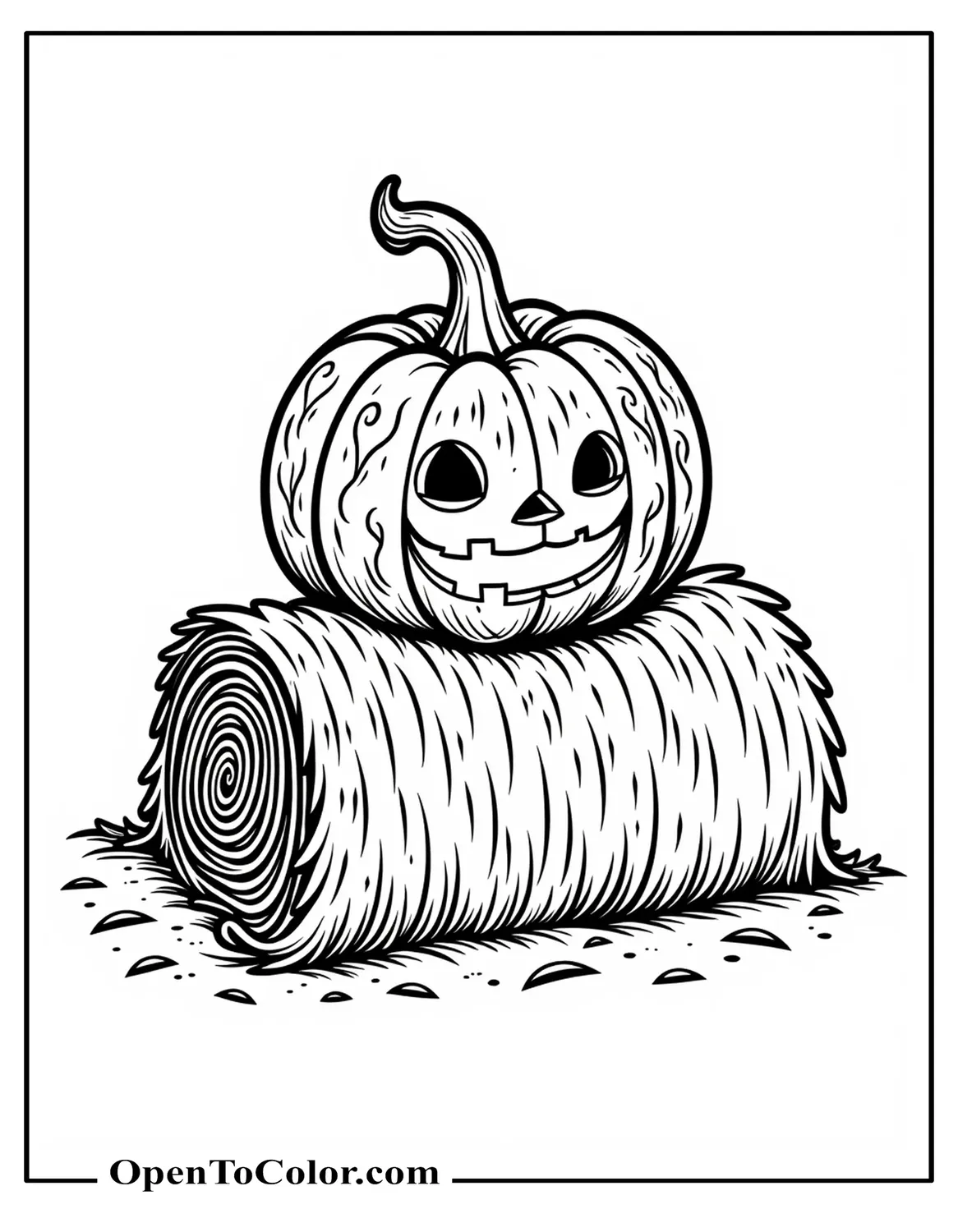 Carved pumpkin coloring page PDF with swirling vine patterns resting on a straw bale